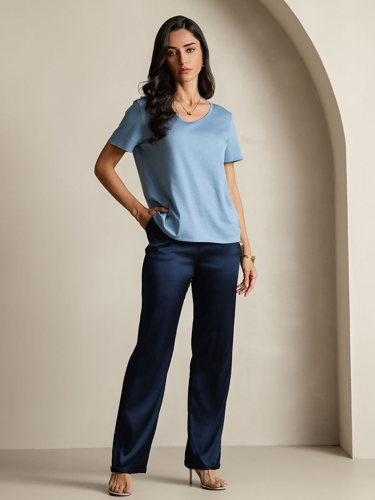 [Blue] SilkSilky-UK Silk Short Sleeve V Neck Women's T-Shirt 005
