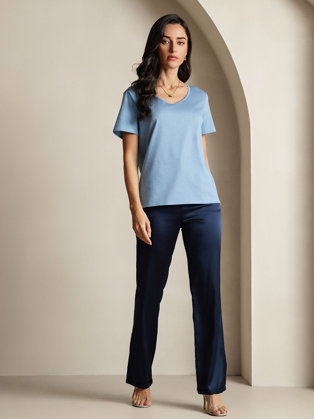 [Blue] SilkSilky-UK Silk Short Sleeve V Neck Women's T-Shirt 007