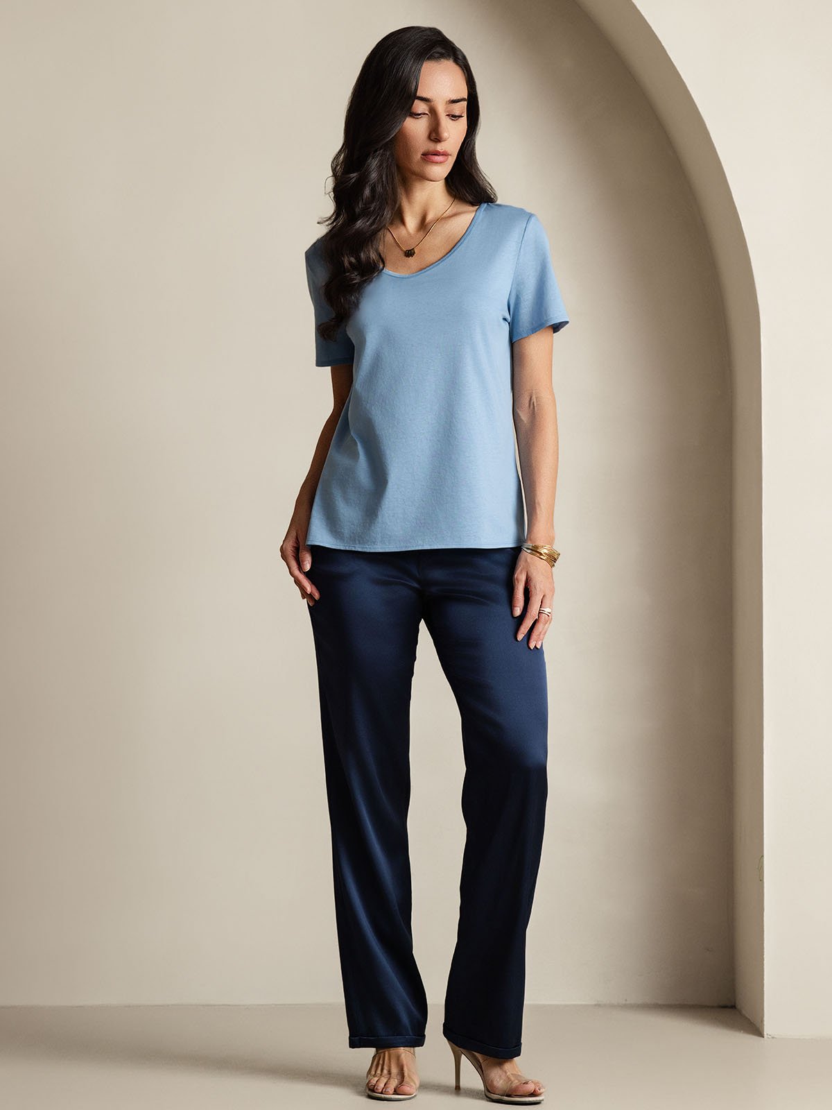 [Blue] SilkSilky-UK Silk Short Sleeve V Neck Women's T-Shirt 008