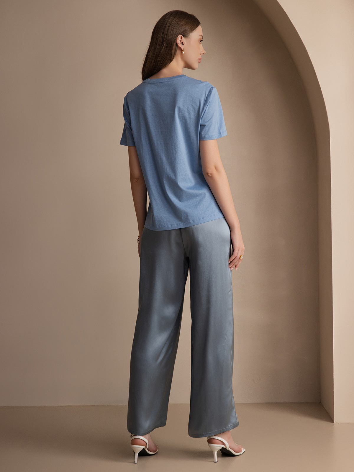 [Blue] SilkSilky-UK Silk Knitted Round Neck Women's T-Shirt 002