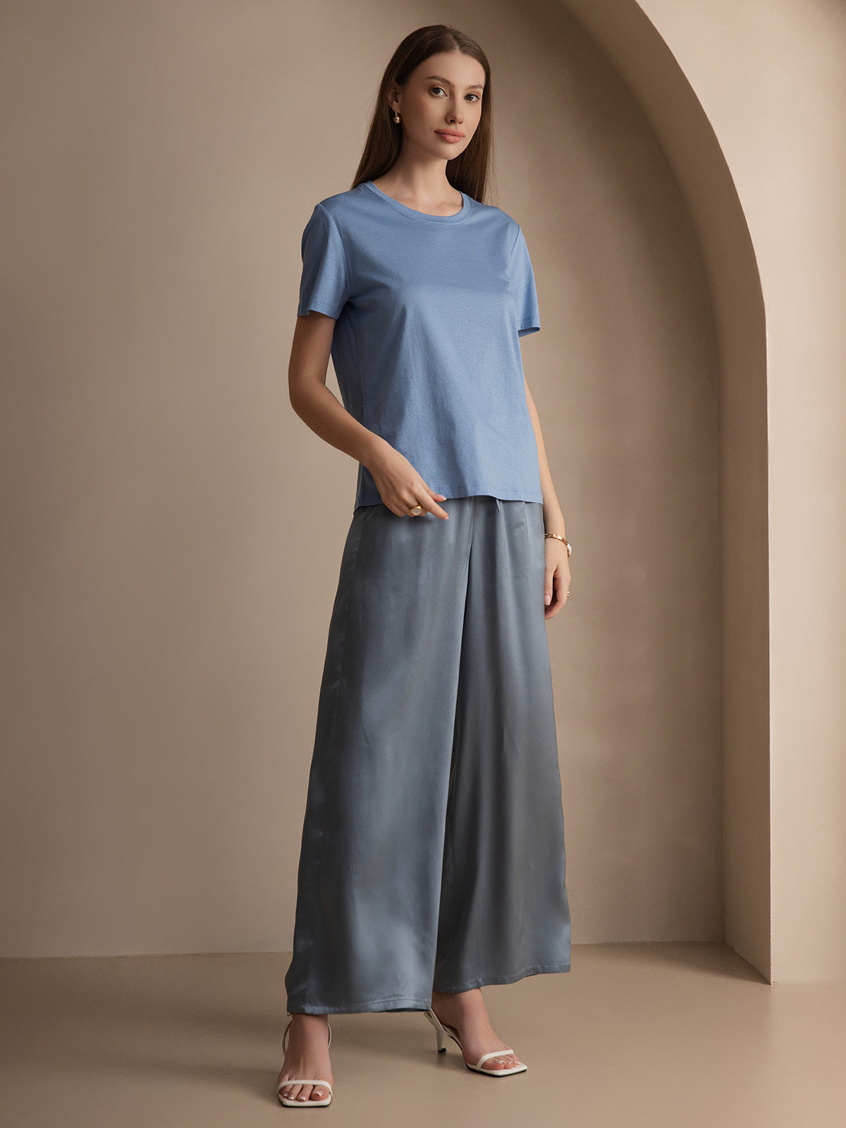 [Blue] SilkSilky-UK Silk Knitted Round Neck Women's T-Shirt 003