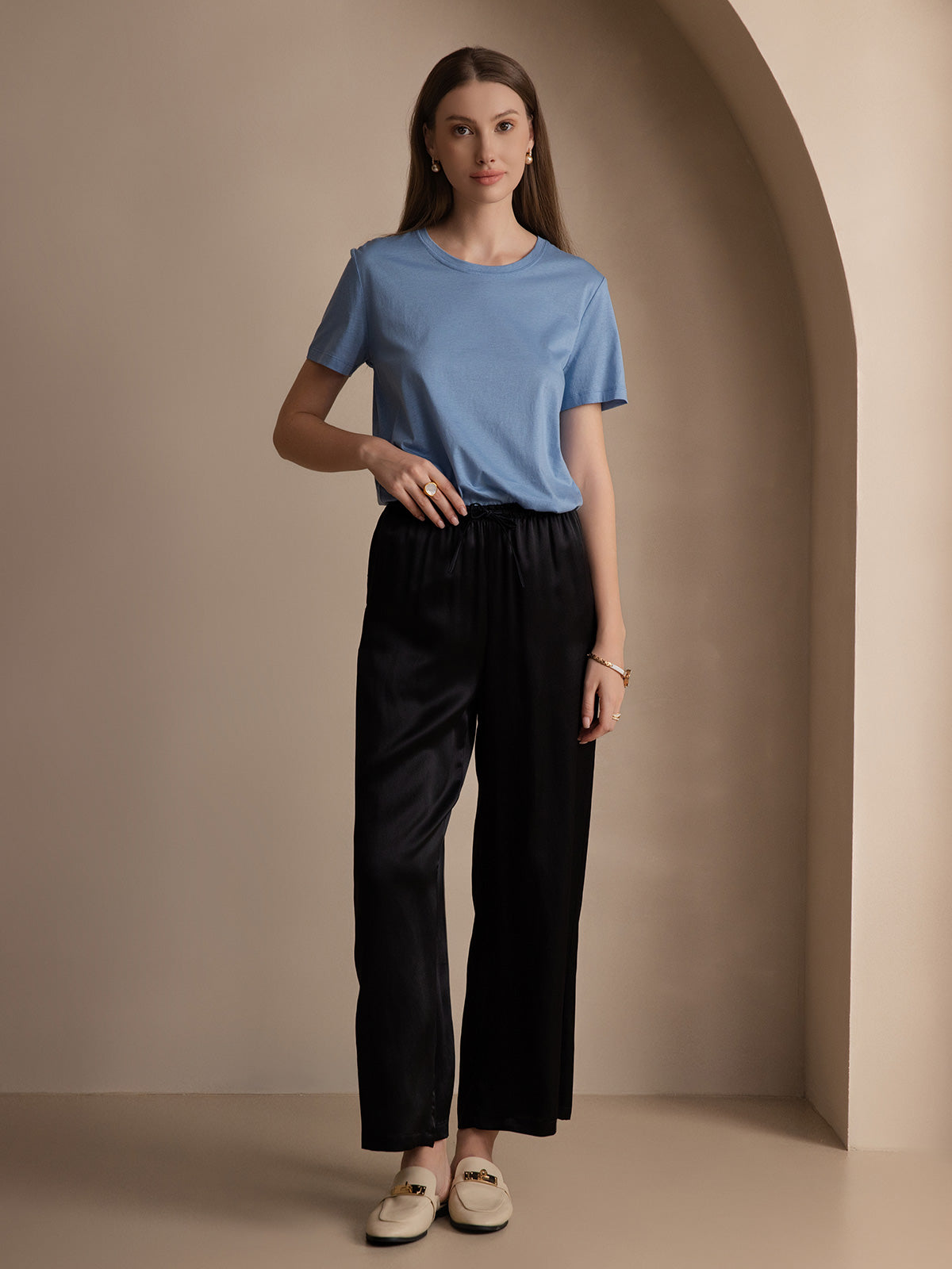 [Blue] SilkSilky-UK Silk Knitted Round Neck Women's T-Shirt 005