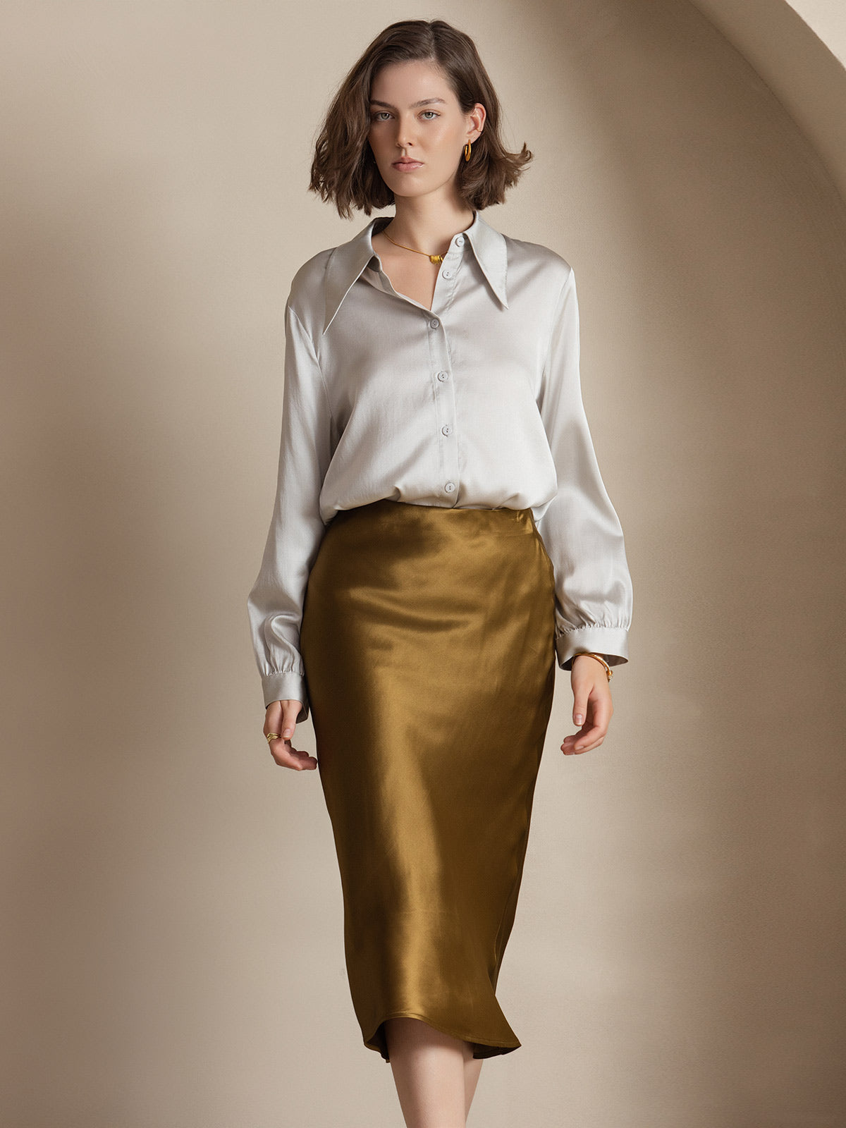 [Brown] SilkSilky-UK 19Momme Pure Silk Skirt 003