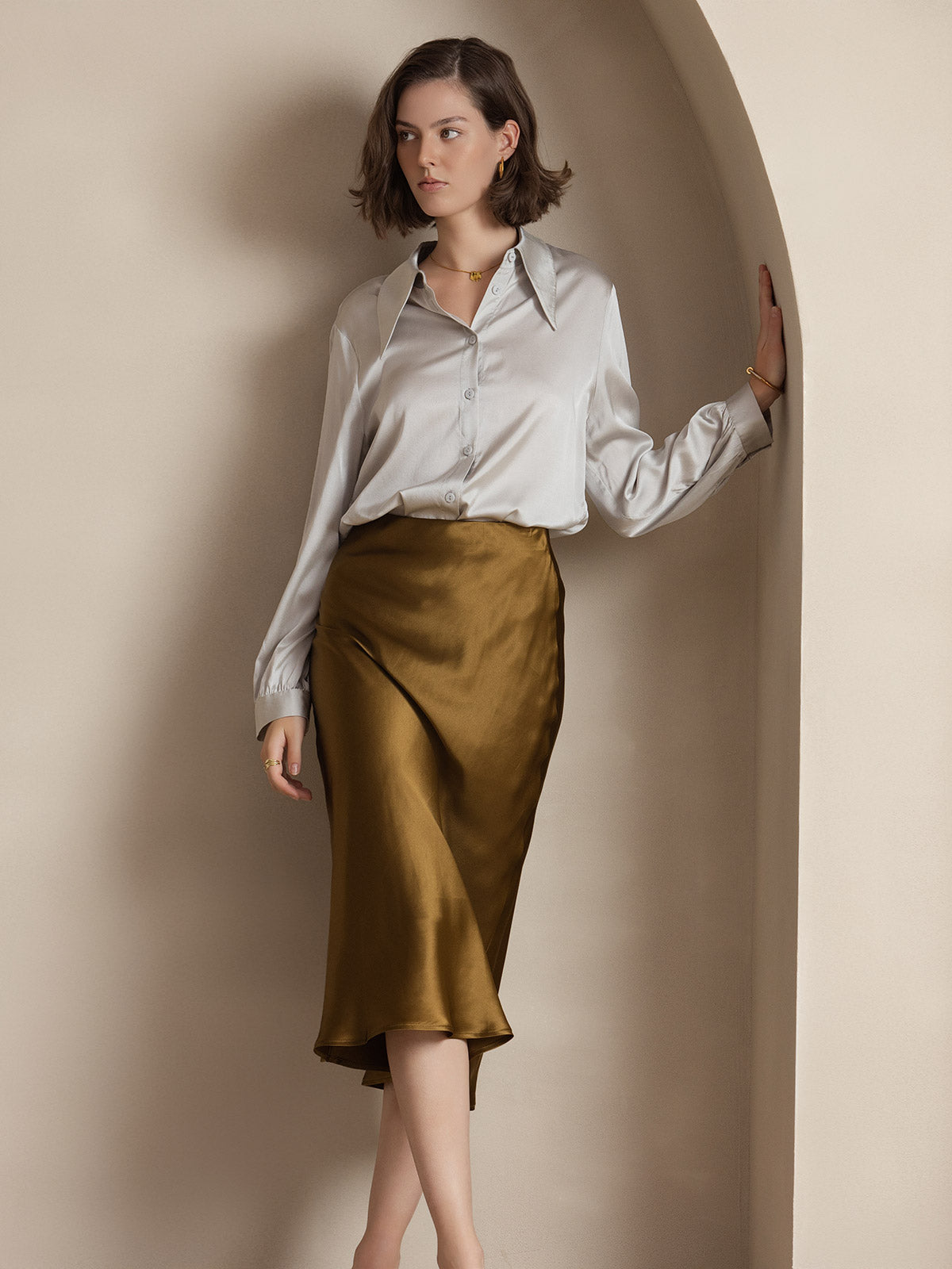 [Brown] SilkSilky-UK 19Momme Pure Silk Skirt 003