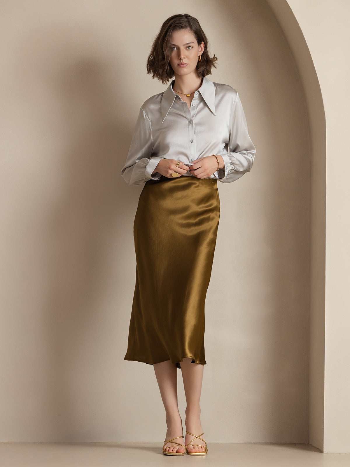 [Brown] SilkSilky-UK 19Momme Pure Silk Skirt 004