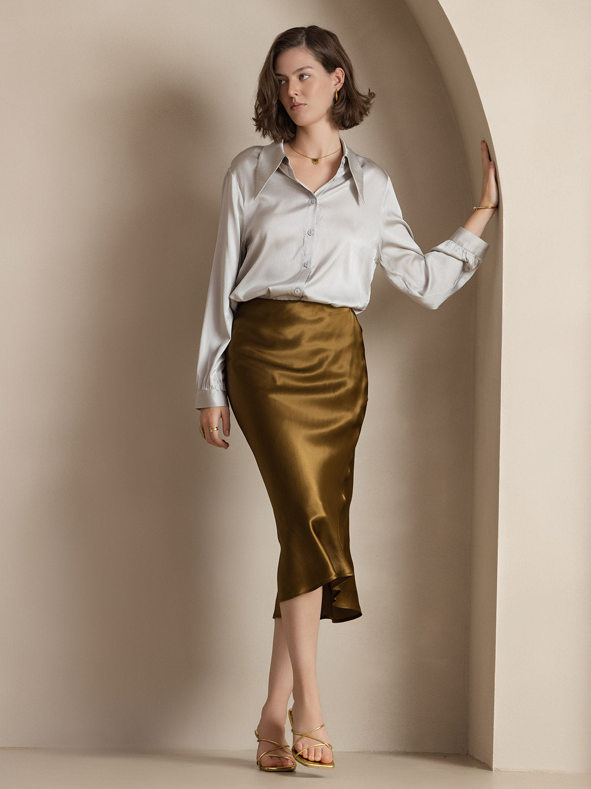 [Brown] SilkSilky-UK 19Momme Pure Silk Skirt 005