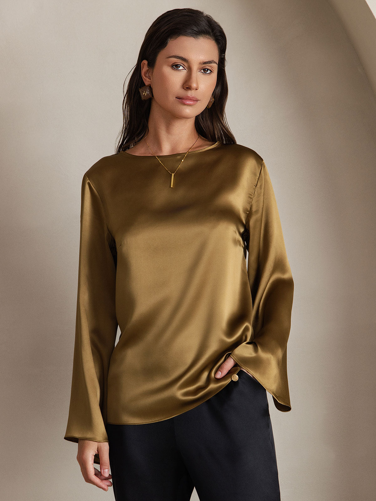 [Brown] SilkSilky-UK 19Momme Silk Long Sleeve Round Neck Women's T-Shirt 003