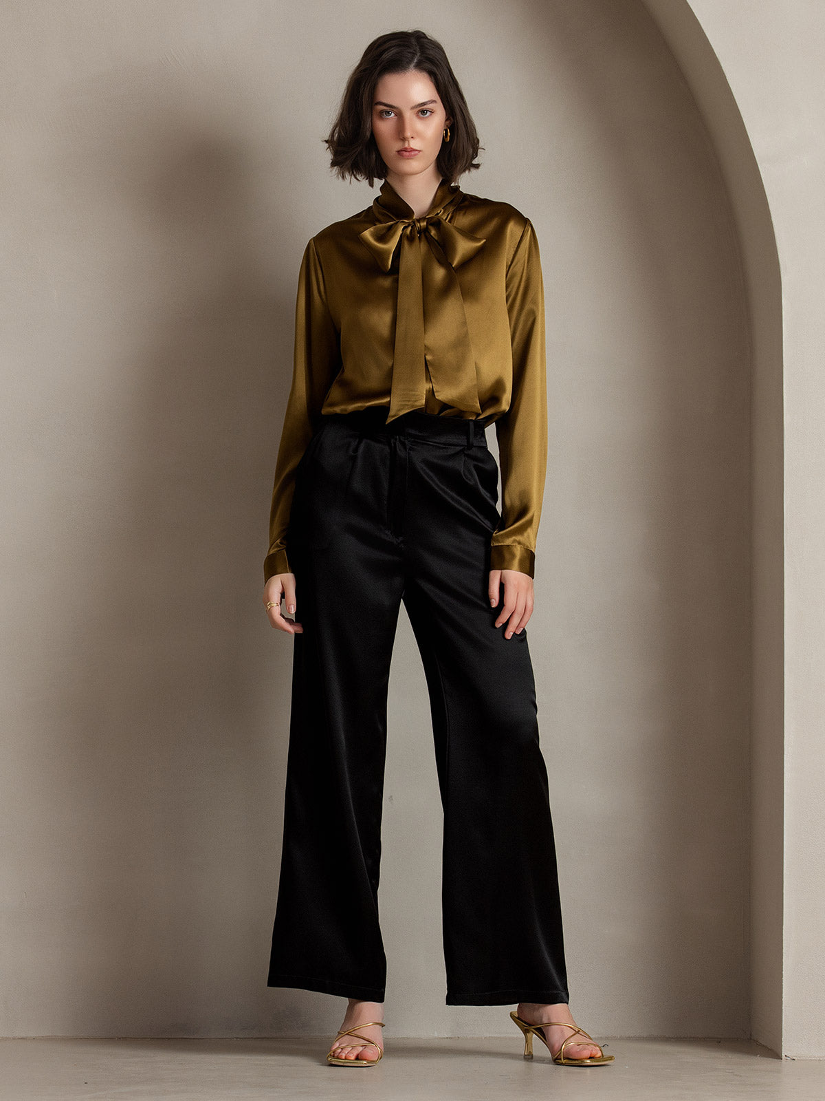 [Brown] SilkSilky-UK 19Momme Silk Long Sleeve Tie Neck Women's Shirt 004