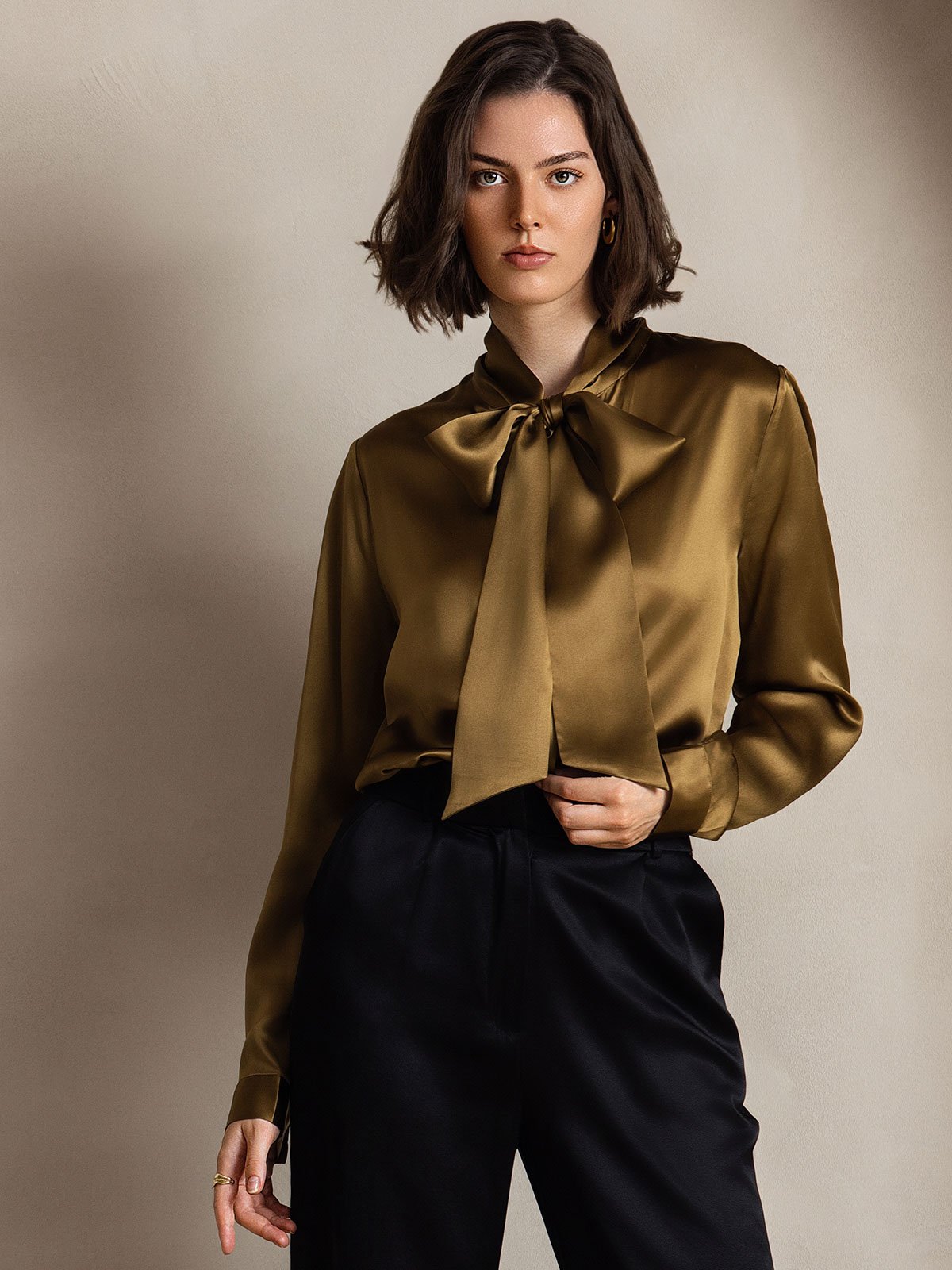 [Brown] SilkSilky-UK 19Momme Silk Long Sleeve Tie Neck Women's Shirt 004