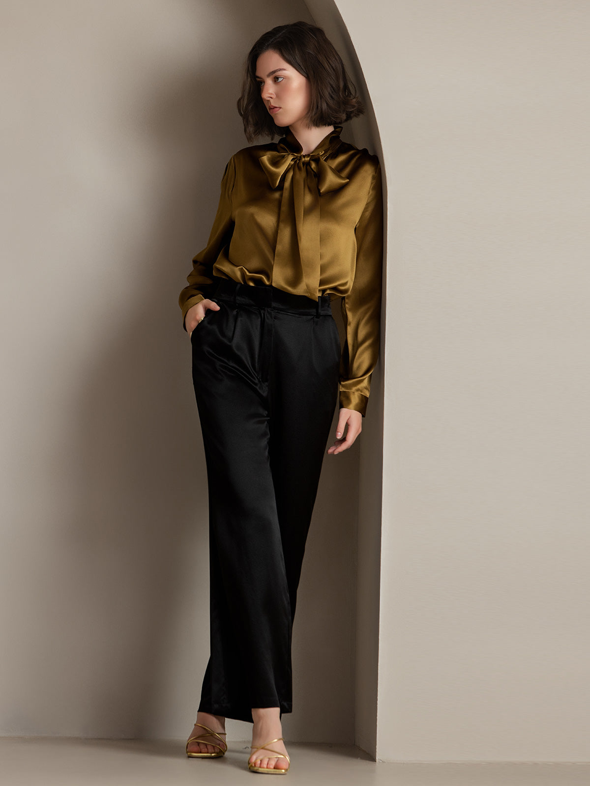 [Brown] SilkSilky-UK 19Momme Silk Long Sleeve Tie Neck Women's Shirt 006