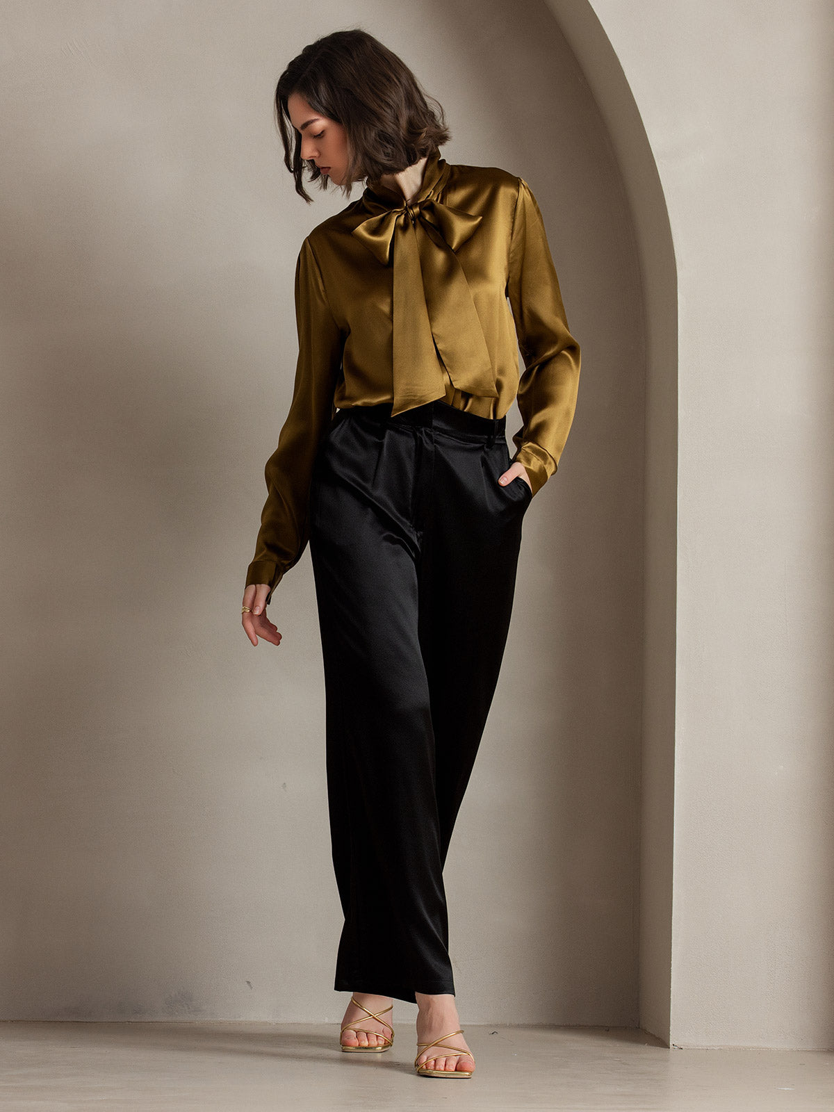 [Brown] SilkSilky-UK 19Momme Silk Long Sleeve Tie Neck Women's Shirt 007