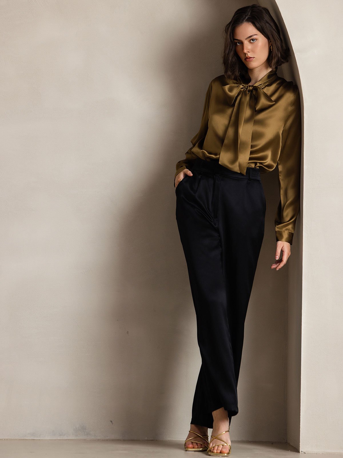 [Brown] SilkSilky-UK 19Momme Silk Long Sleeve Tie Neck Women's Shirt 008