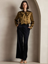 [Brown] SilkSilky-UK 19Momme Stretch Silk Charmeuse Long Sleeve Tie Neck Blouse 007