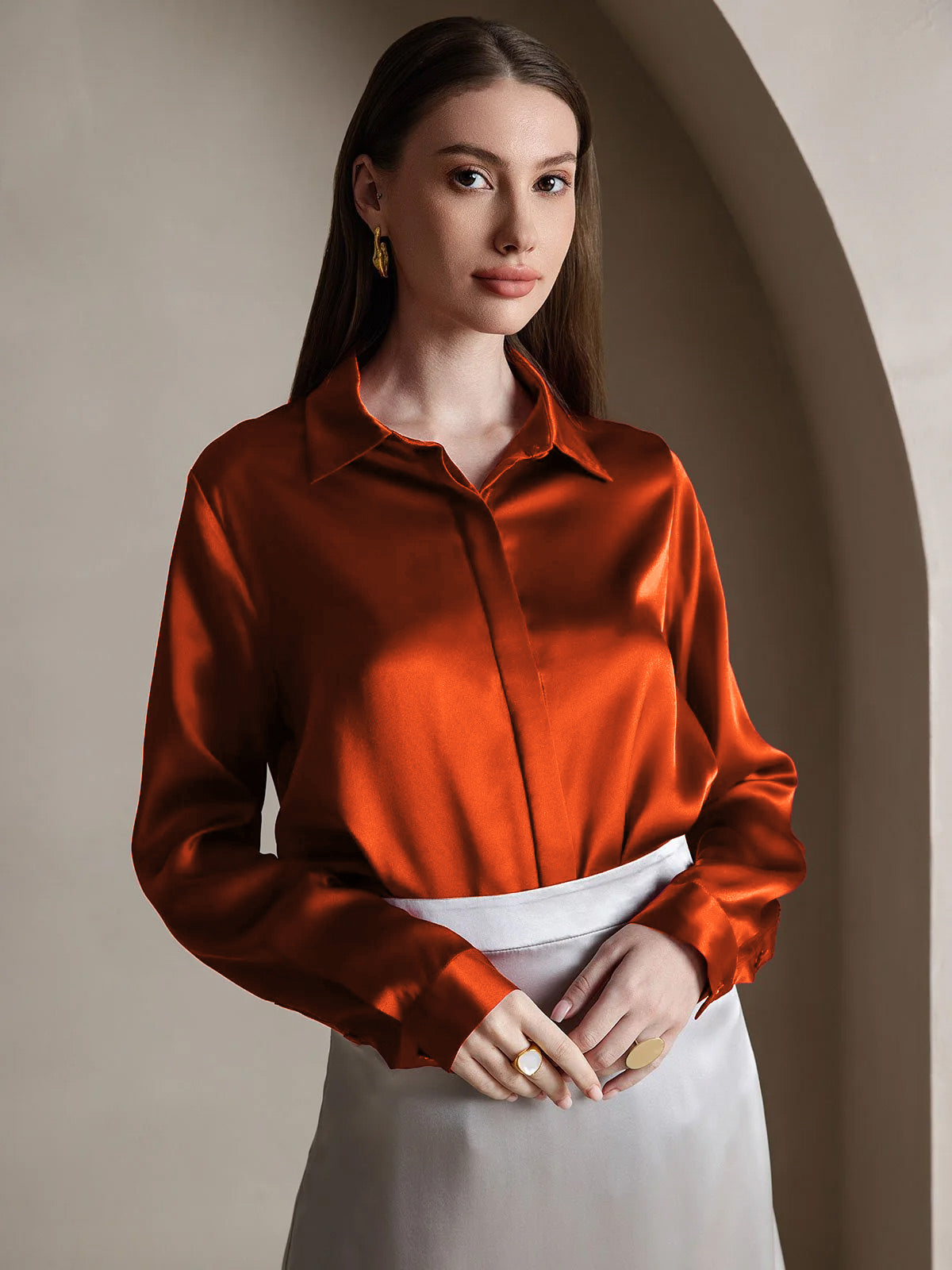 [Caramel] SilkSilky-UK 19Momme Silk Collar Women's Shirt 001
