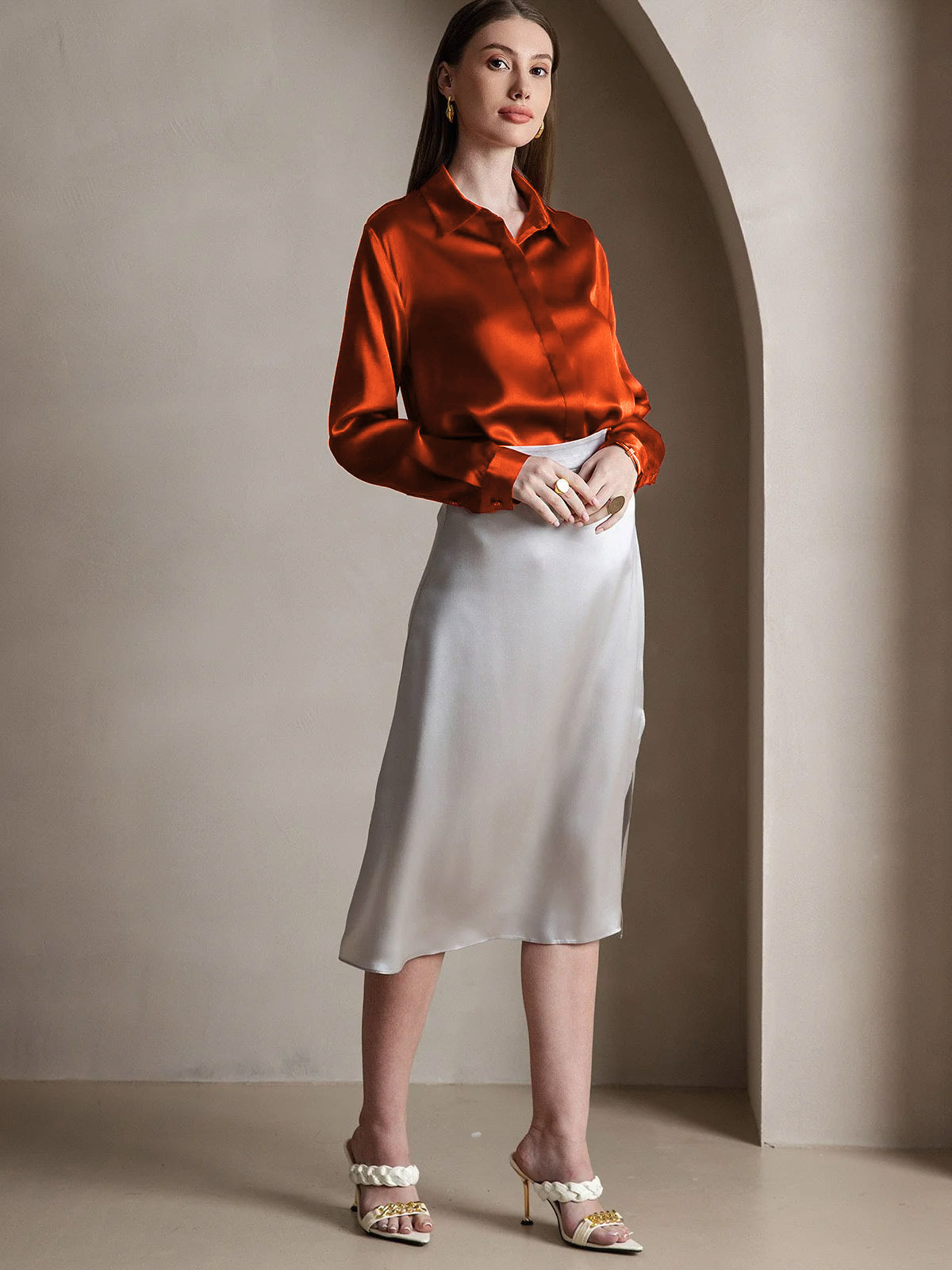 [Caramel] SilkSilky-UK 19Momme Silk Collar Women's Shirt 002