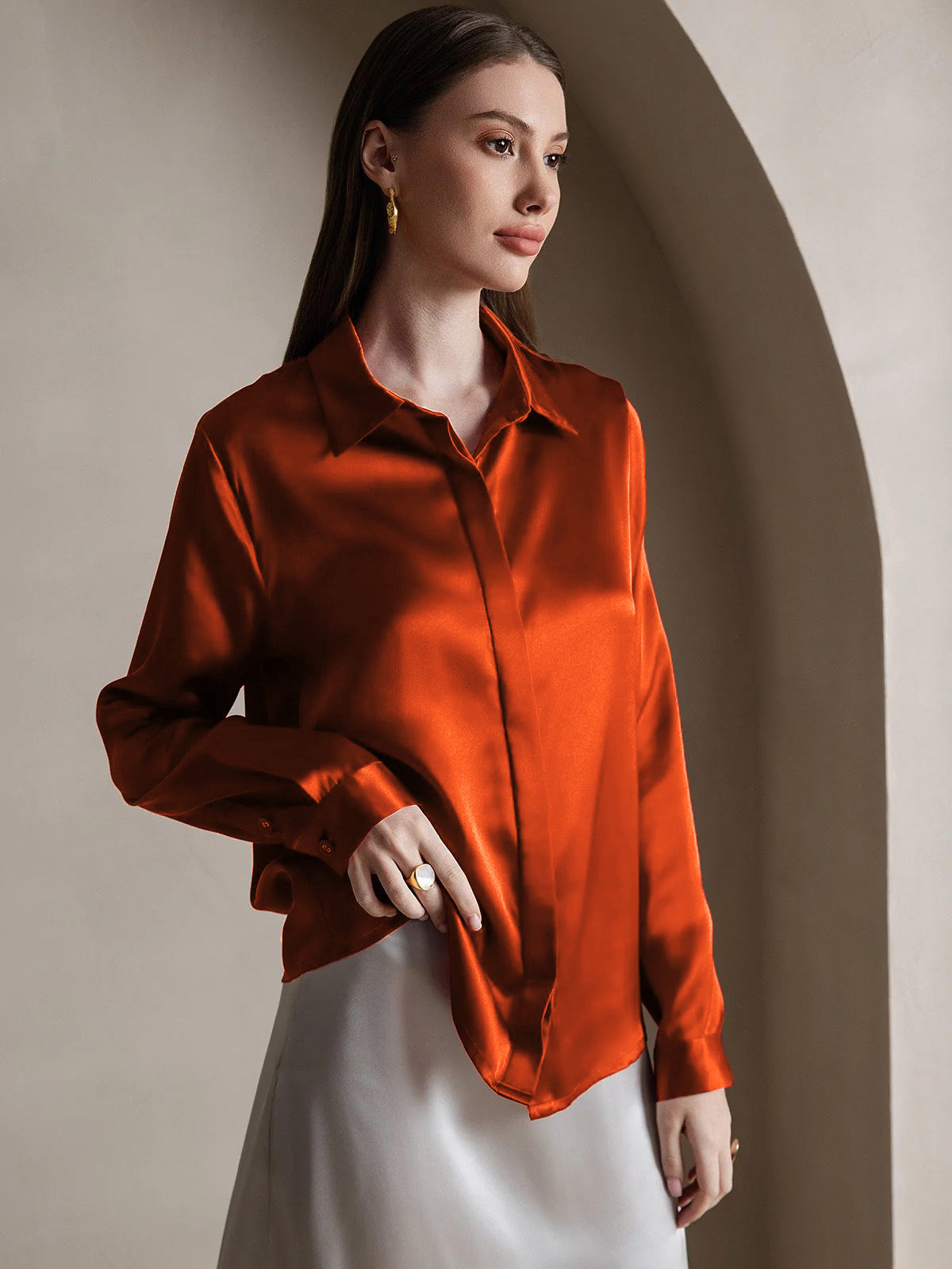 [Caramel] SilkSilky-UK 19Momme Silk Collar Women's Shirt 004