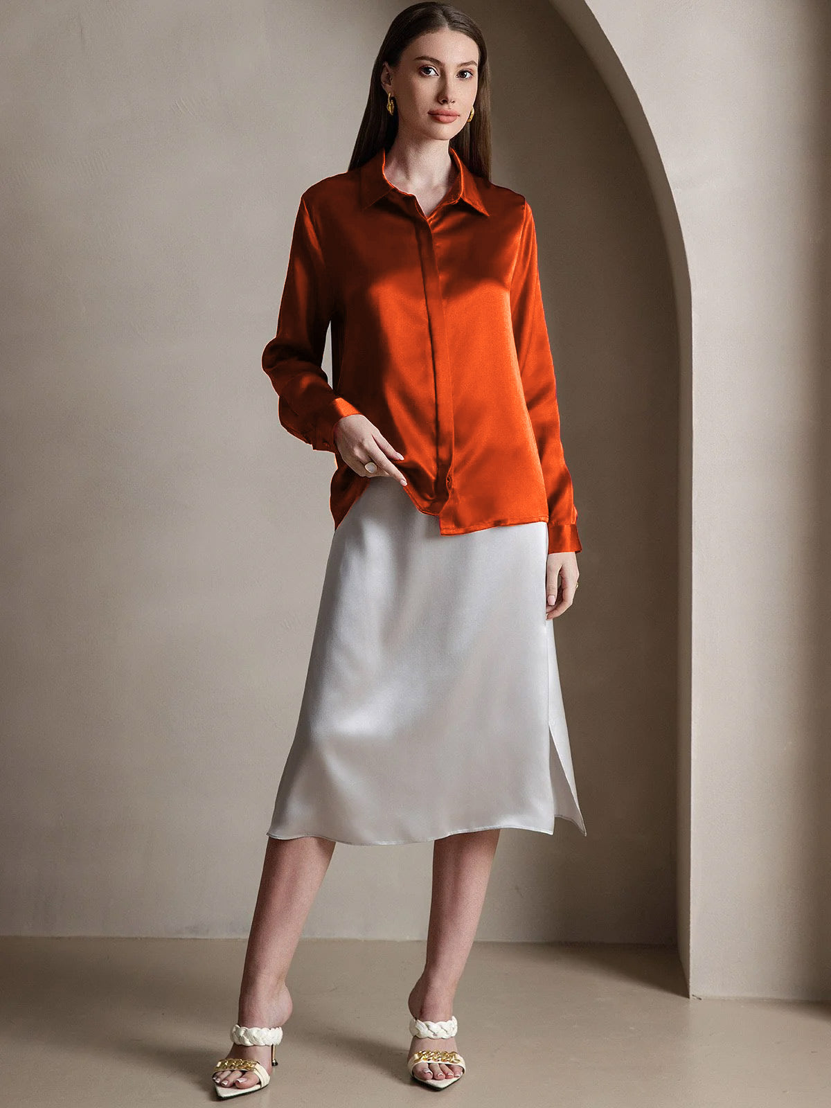 [Caramel] SilkSilky-UK 19Momme Silk Collar Women's Shirt 005