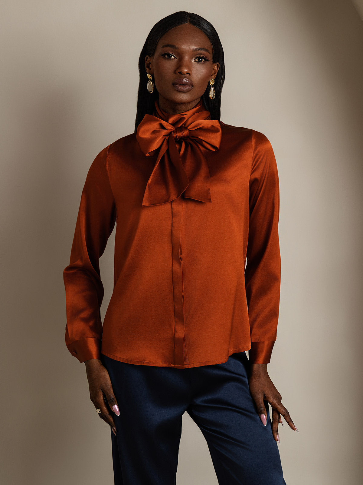 [Caramel] SilkSilky-UK 19Momme Silk Long Sleeve Tie Neck Women's Shirt 003