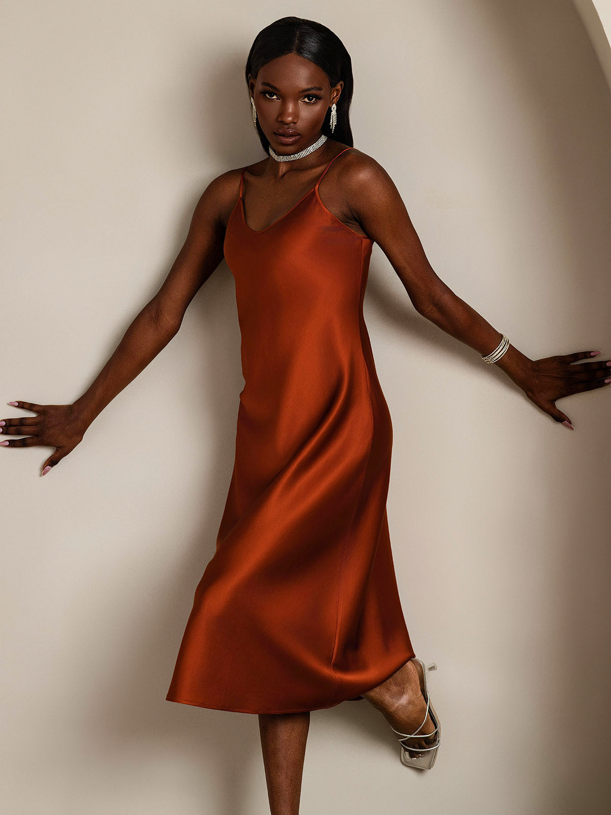 [Caramel] SilkSilky-UK Pure Silk Sleeveless Round Neck Nightdress 006