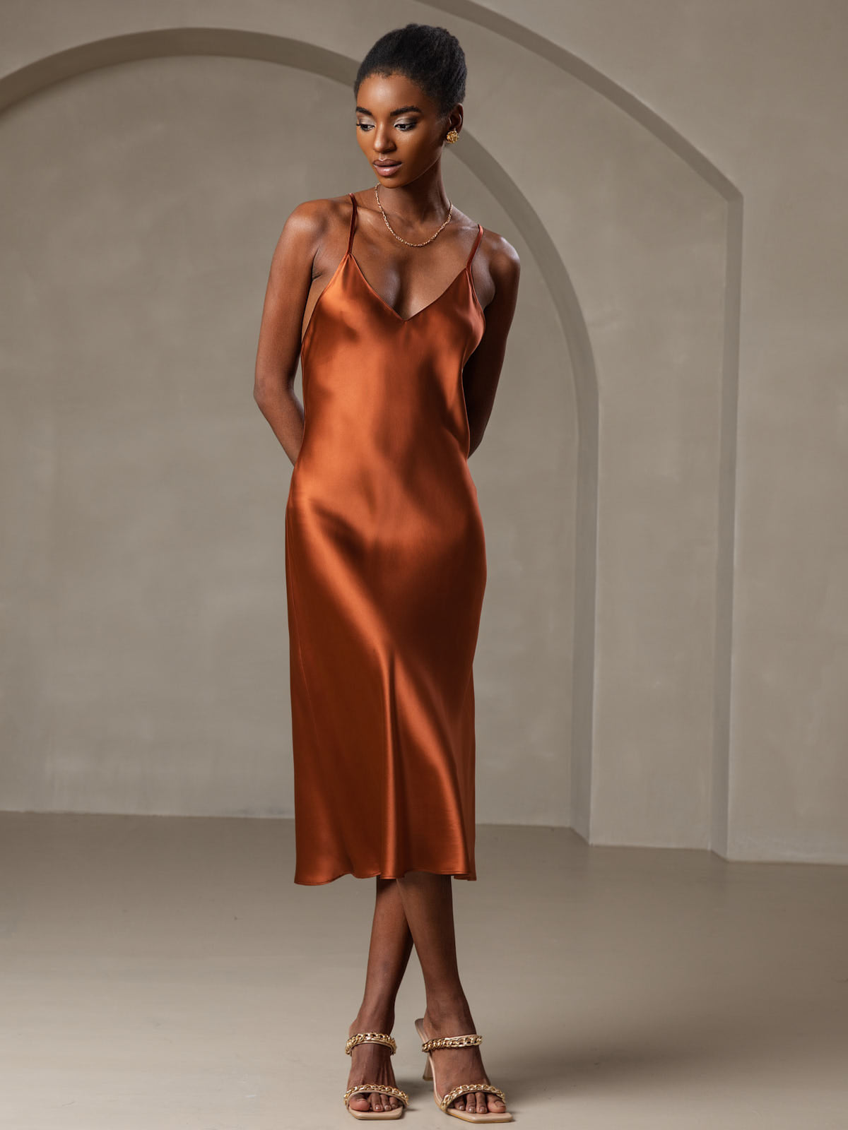 [Caramel] SilkSilky-UK Pure Silk Sleeveless V Neck Dress 002
