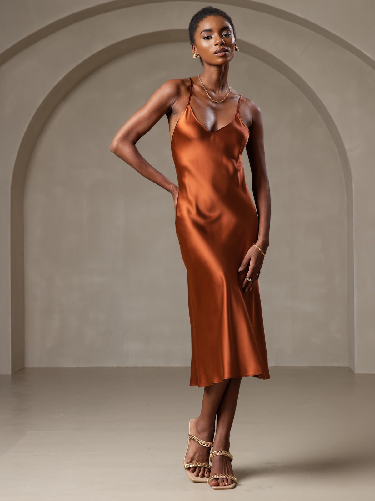 [Caramel] SilkSilky-UK Pure Silk Sleeveless V Neck Dress 003