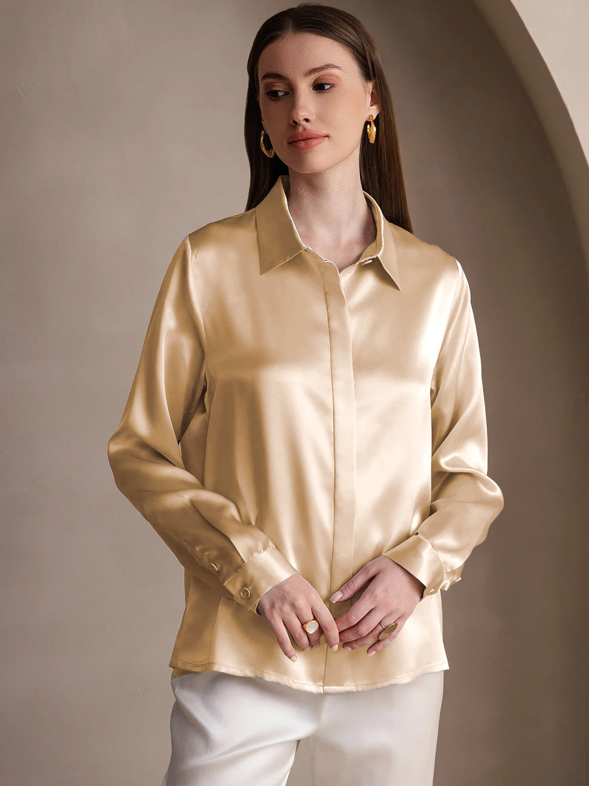 [Champagne] SilkSilky-UK 19Momme Silk Collar Women's Shirt 001