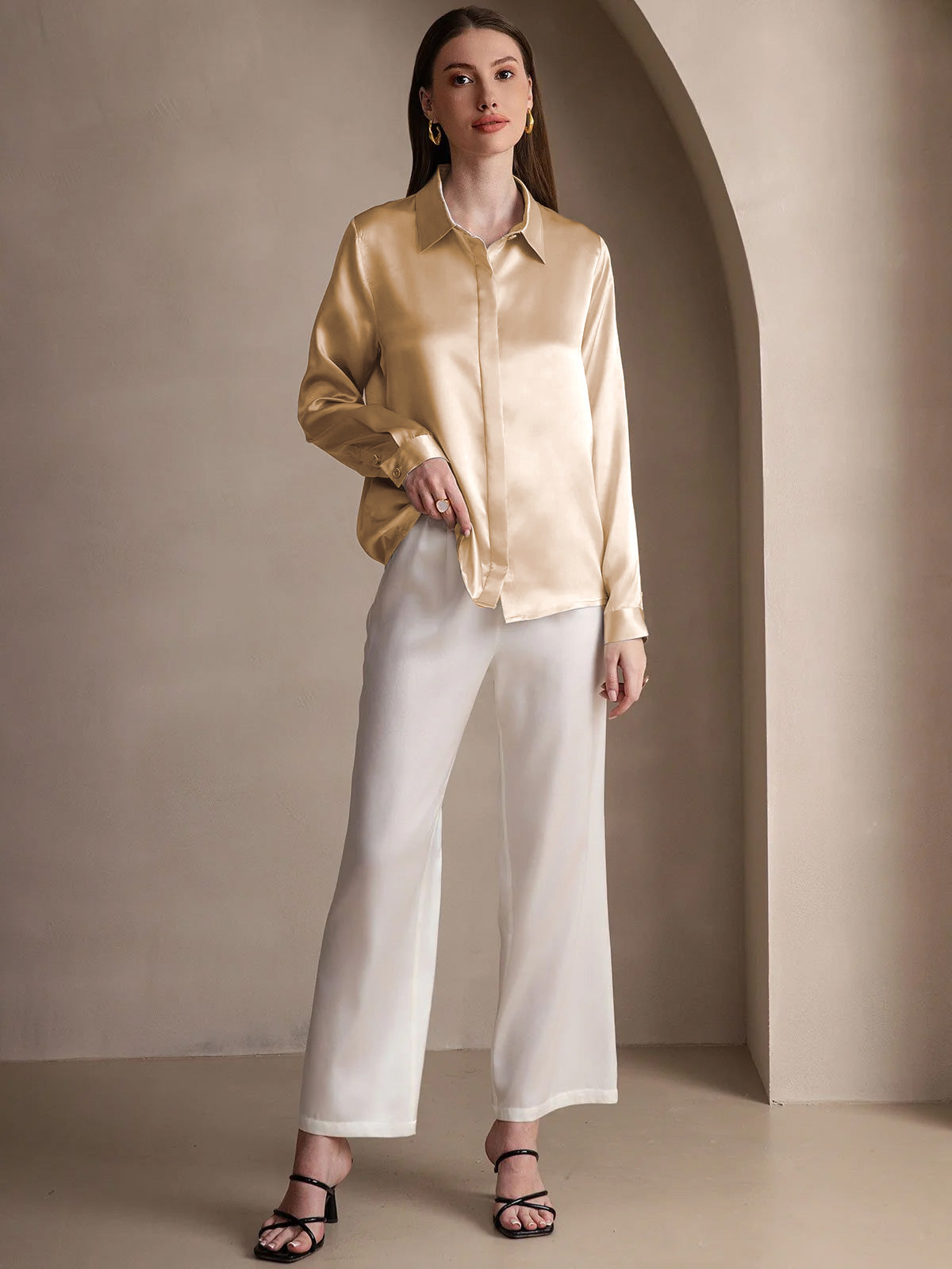 [Champagne] SilkSilky-UK 19Momme Silk Collar Women's Shirt 003
