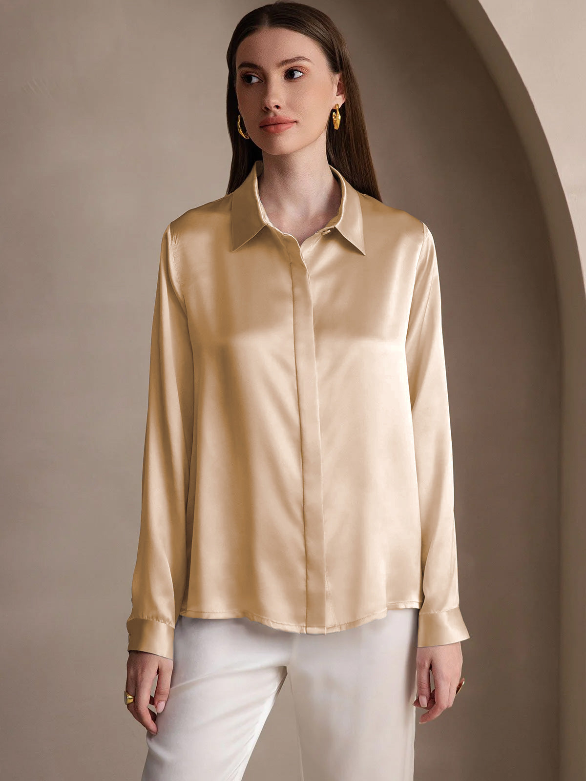 [Champagne] SilkSilky-UK 19Momme Silk Collar Women's Shirt 004