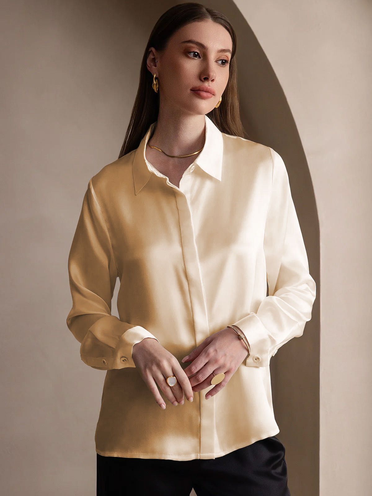 [Champagne] SilkSilky-UK 19Momme Silk Collar Women's Shirt 005