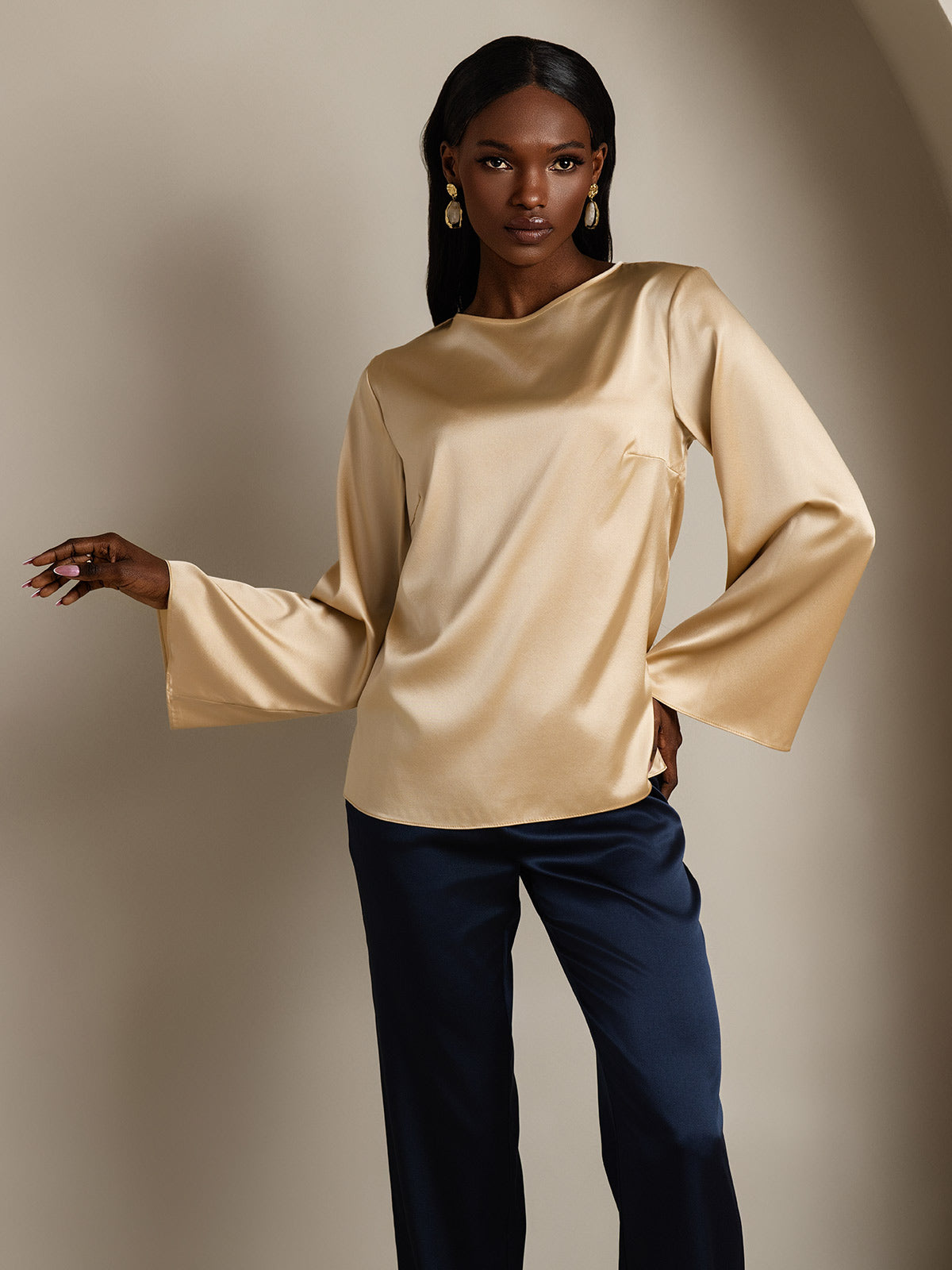 [Champagne] SilkSilky-UK 19Momme Silk Long Sleeve Round Neck Women's T-Shirt 001