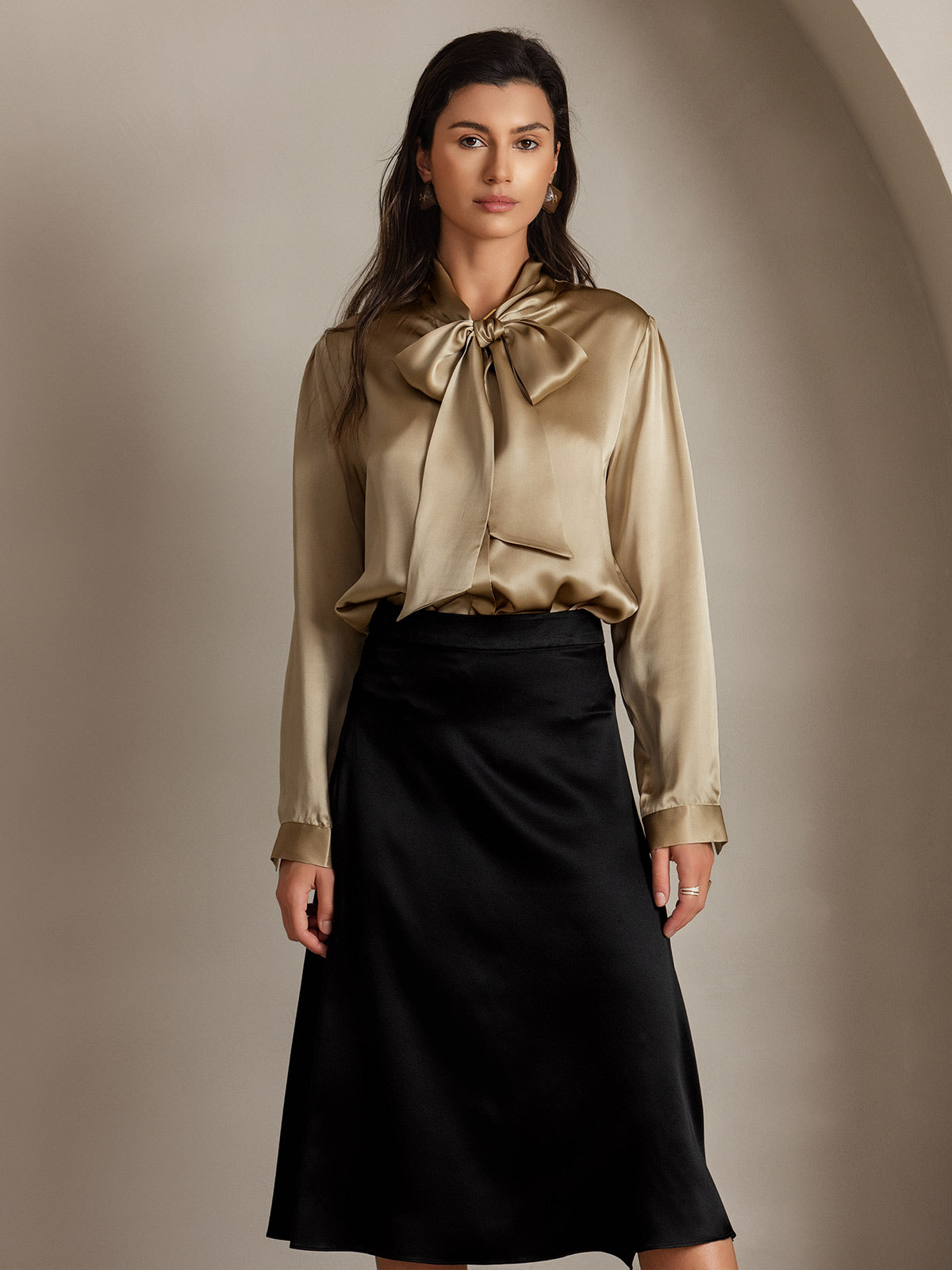[Champagne] SilkSilky-UK 19Momme Silk Long Sleeve Tie Neck Women's Shirt 001