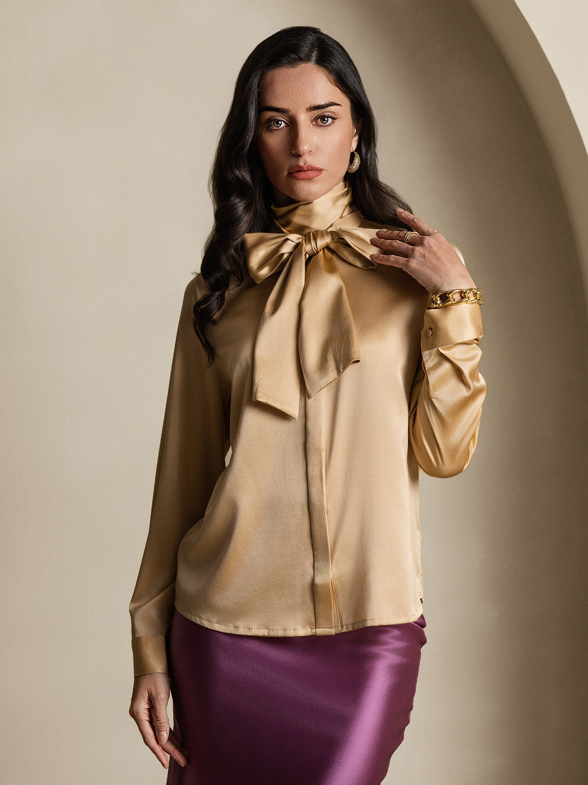 [Champagne] SilkSilky-UK 19Momme Silk Long Sleeve Tie Neck Women's Shirt 003