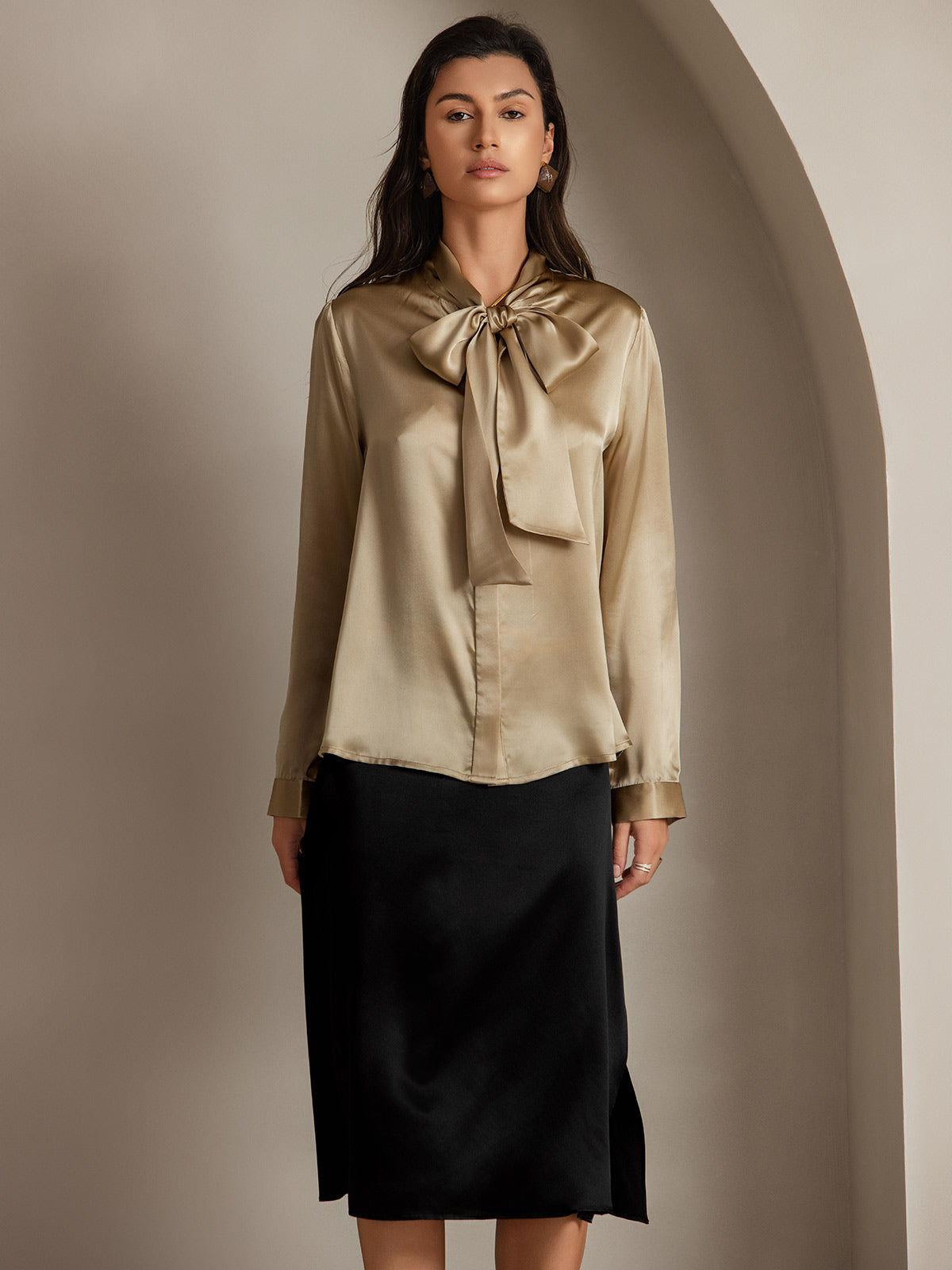 [Champagne] SilkSilky-UK 19Momme Silk Long Sleeve Tie Neck Women's Shirt 003