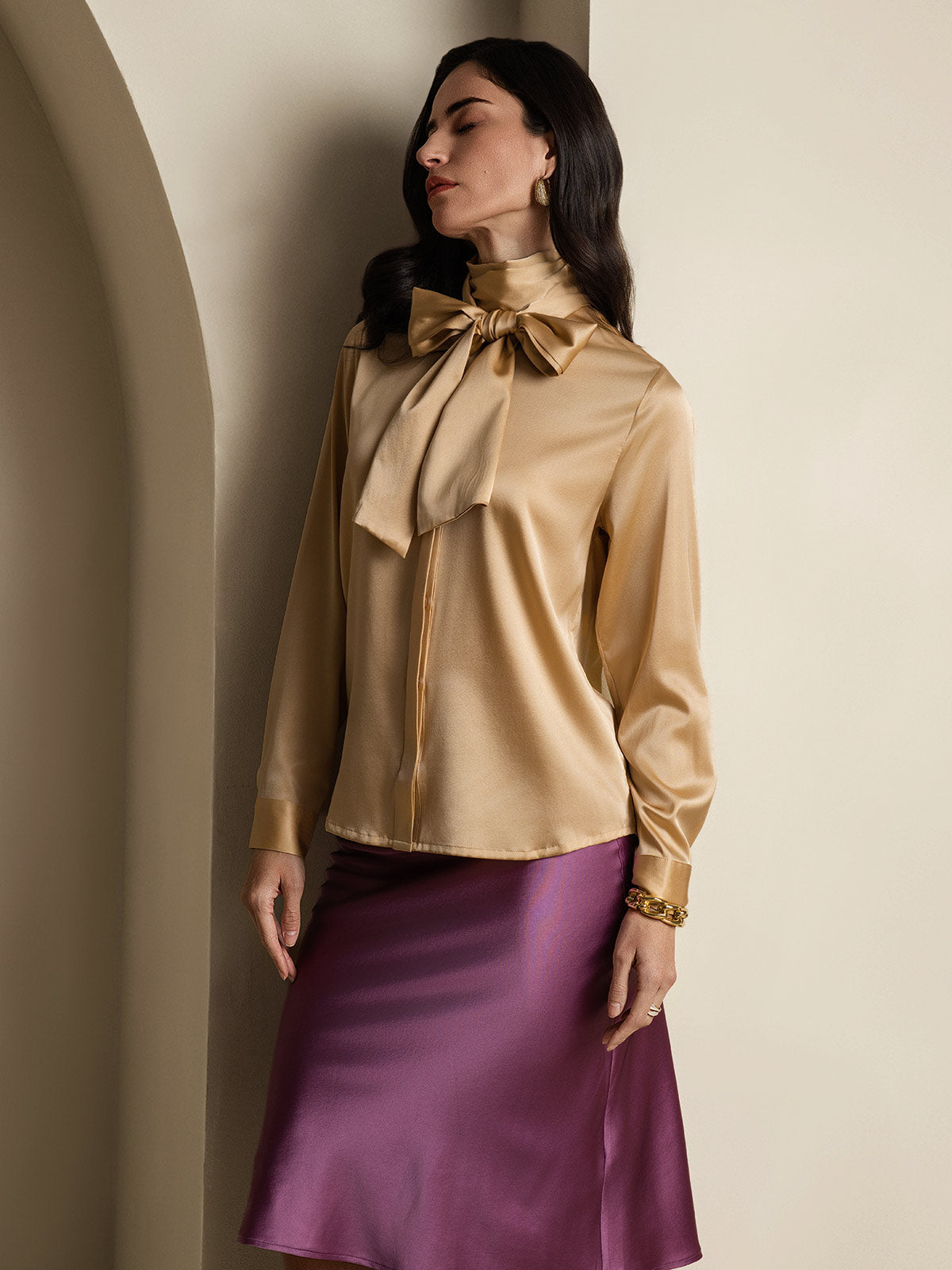 [Champagne] SilkSilky-UK 19Momme Silk Long Sleeve Tie Neck Women's Shirt 005
