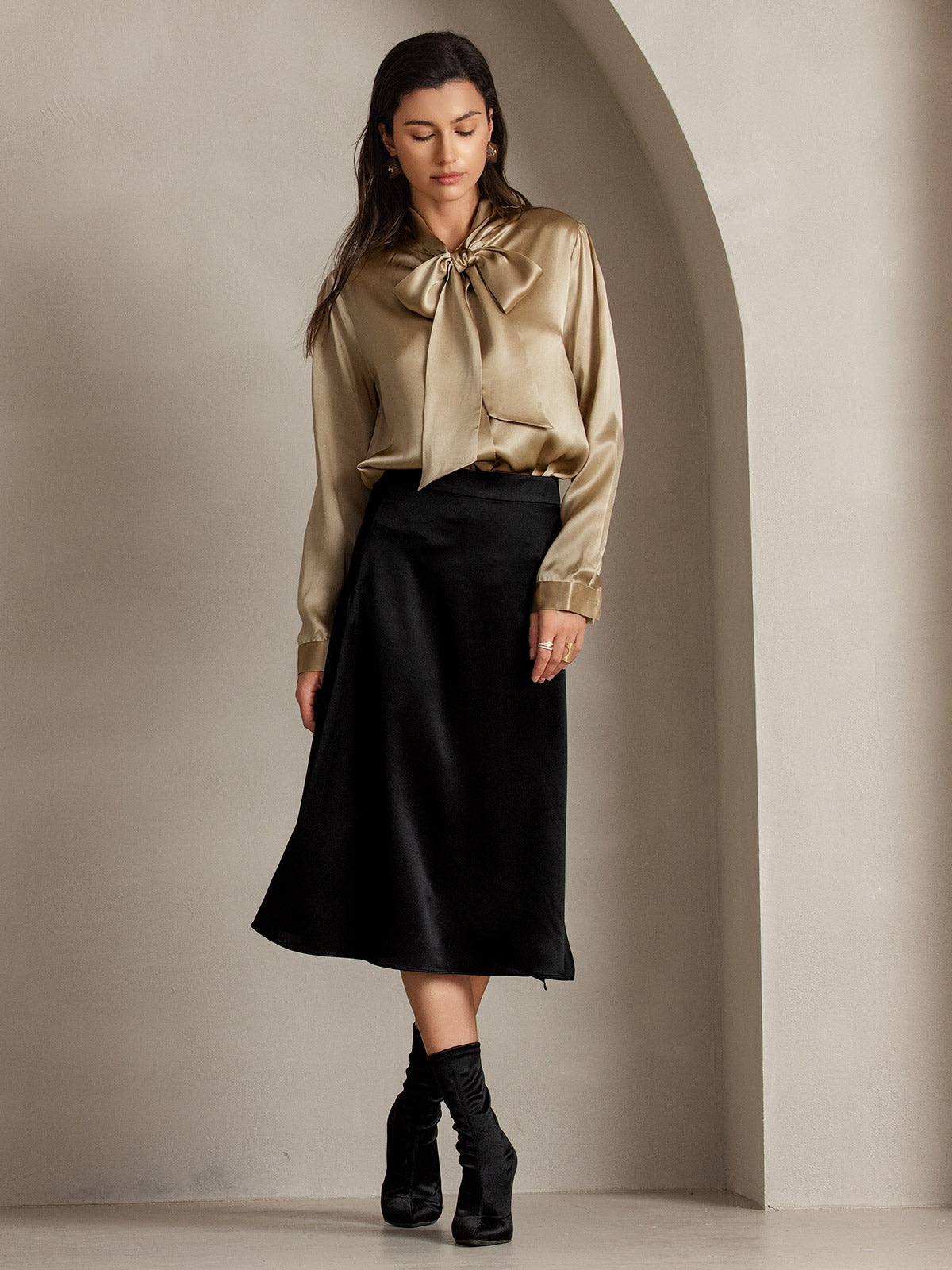 [Champagne] SilkSilky-UK 19Momme Silk Long Sleeve Tie Neck Women's Shirt 006