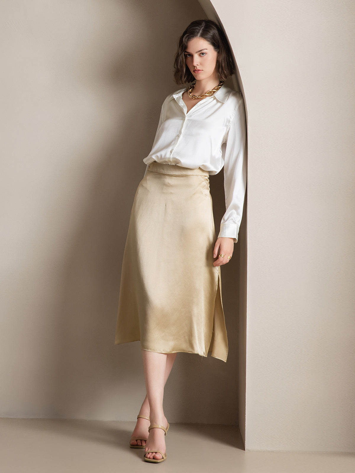 [Champagne] SilkSilky-UK 19Momme Silk Skirt 003