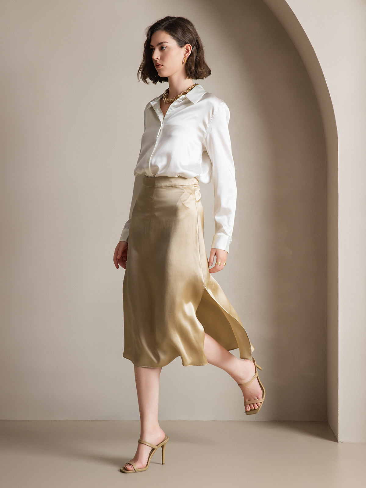 [Champagne] SilkSilky-UK 19Momme Silk Skirt 004