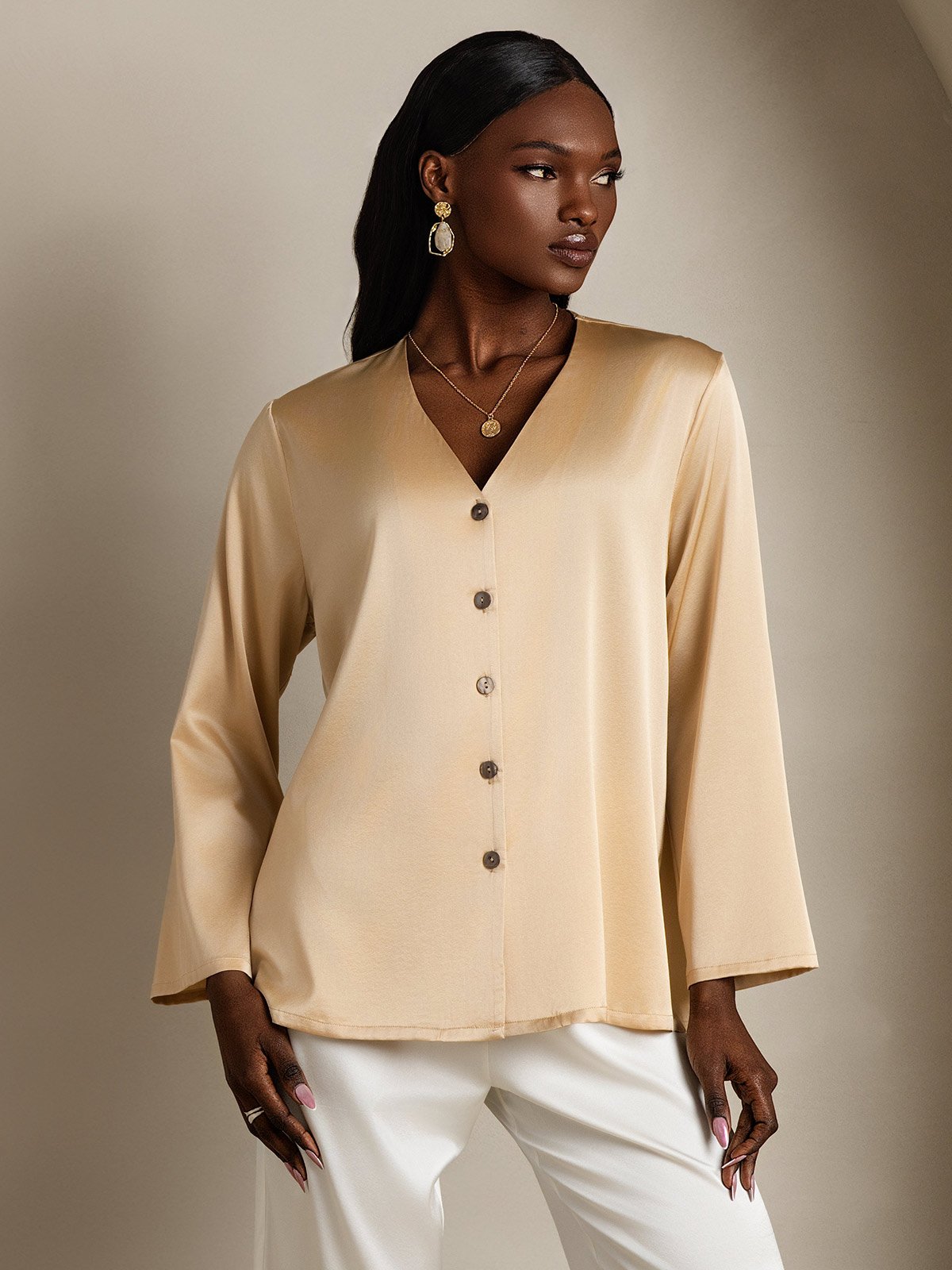 [Champagne] SilkSilky-UK 19Momme Silk V Neck Women's Shirt 001