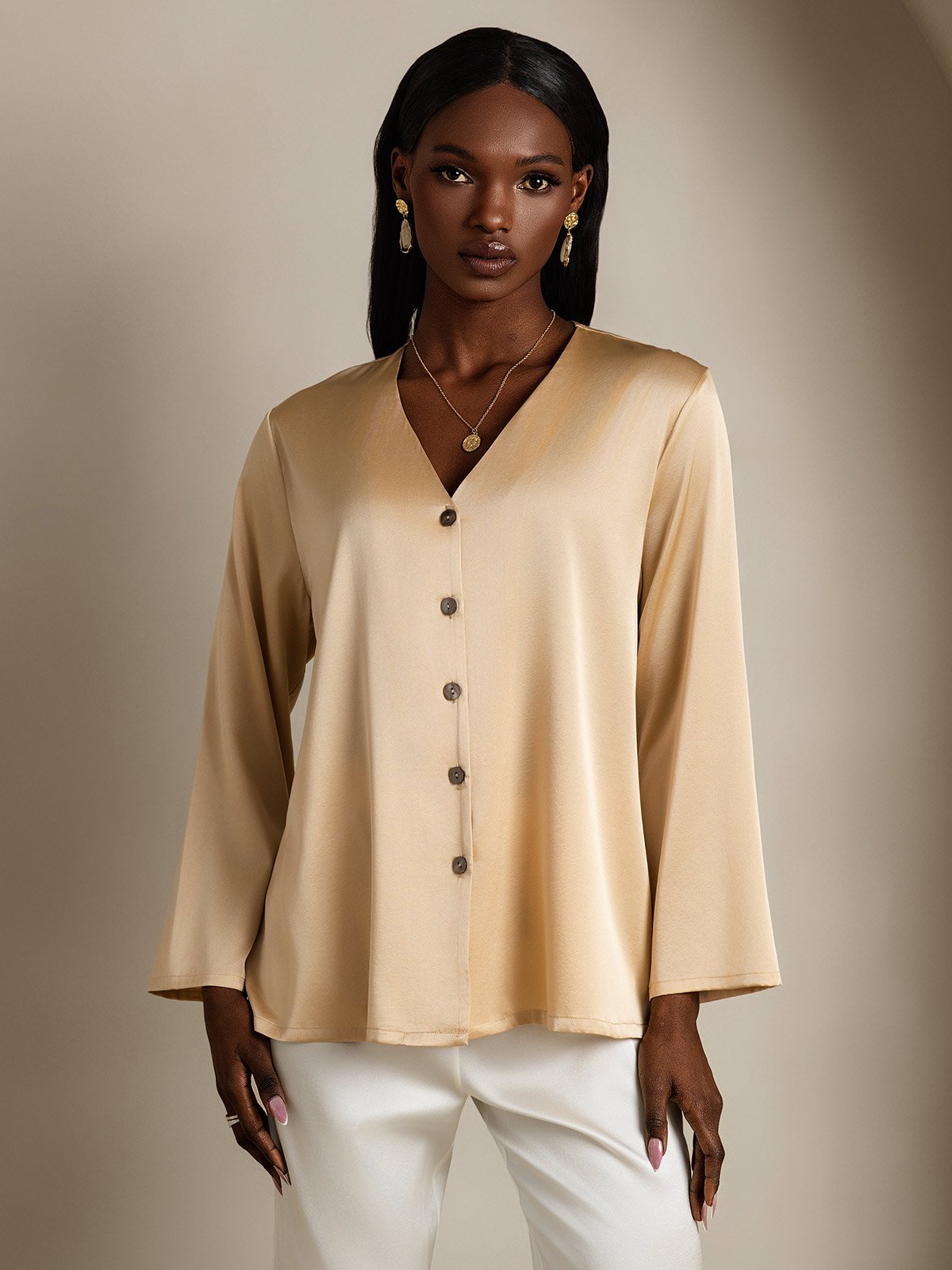 [Champagne] SilkSilky-UK 19Momme Silk V Neck Women's Shirt 003