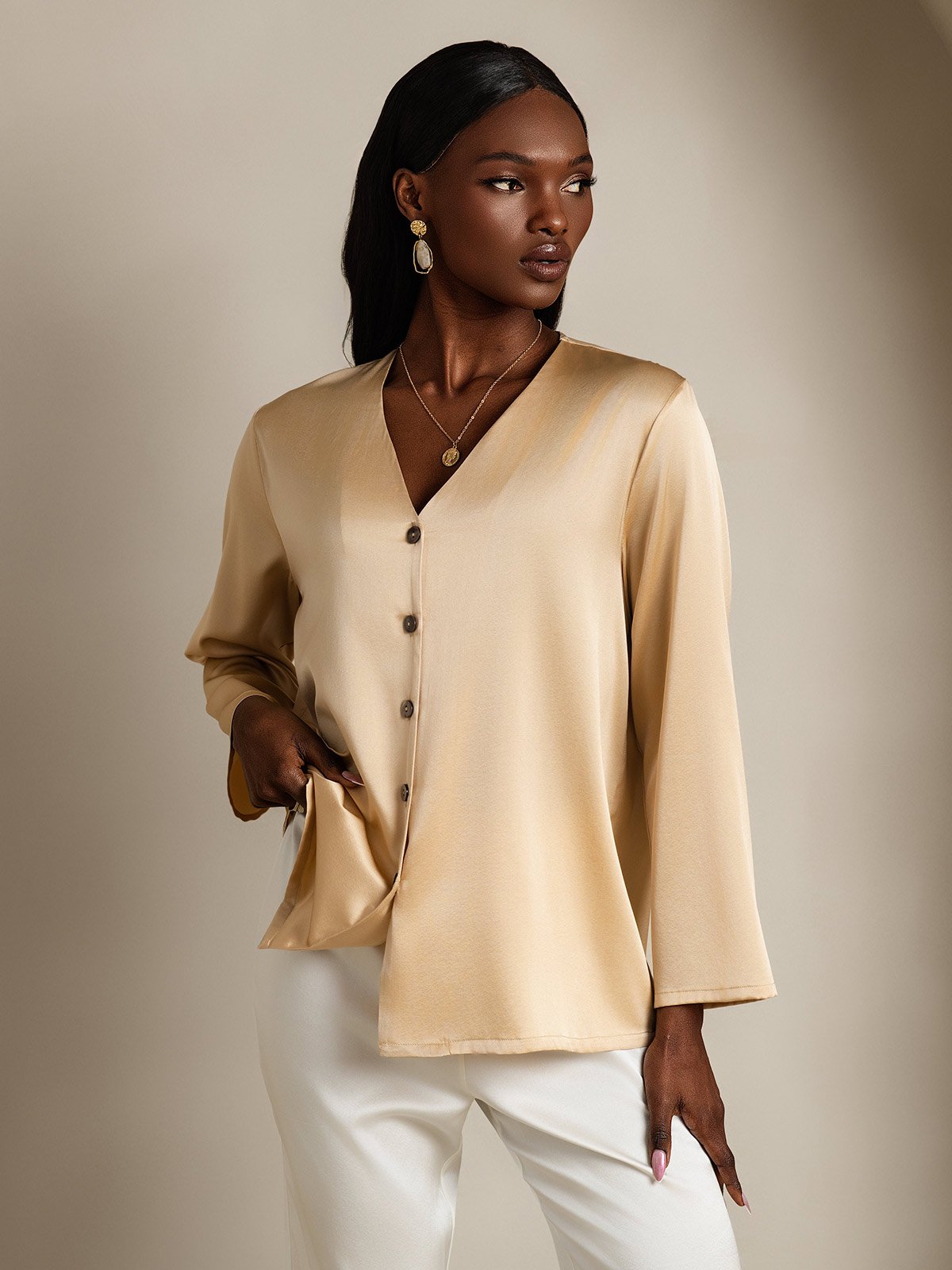 [Champagne] SilkSilky-UK 19Momme Silk V Neck Women's Shirt 004