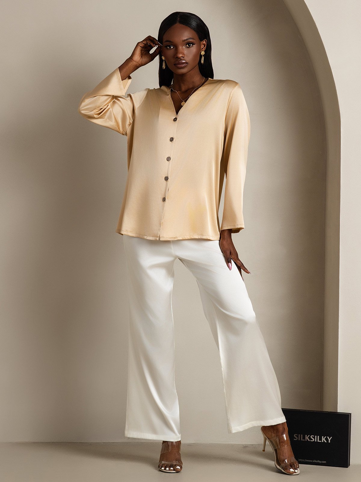 [Champagne] SilkSilky-UK 19Momme Silk V Neck Women's Shirt 005