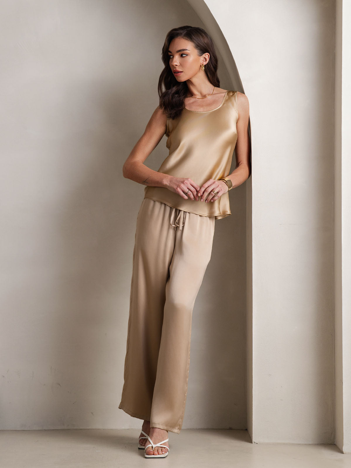 [Champagne] SilkSilky-UK Pure Silk Boat Neck Camisole Set 001
