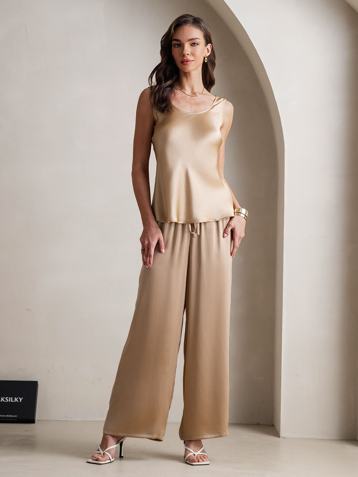 [Champagne] SilkSilky-UK Pure Silk Boat Neck Camisole Set 004
