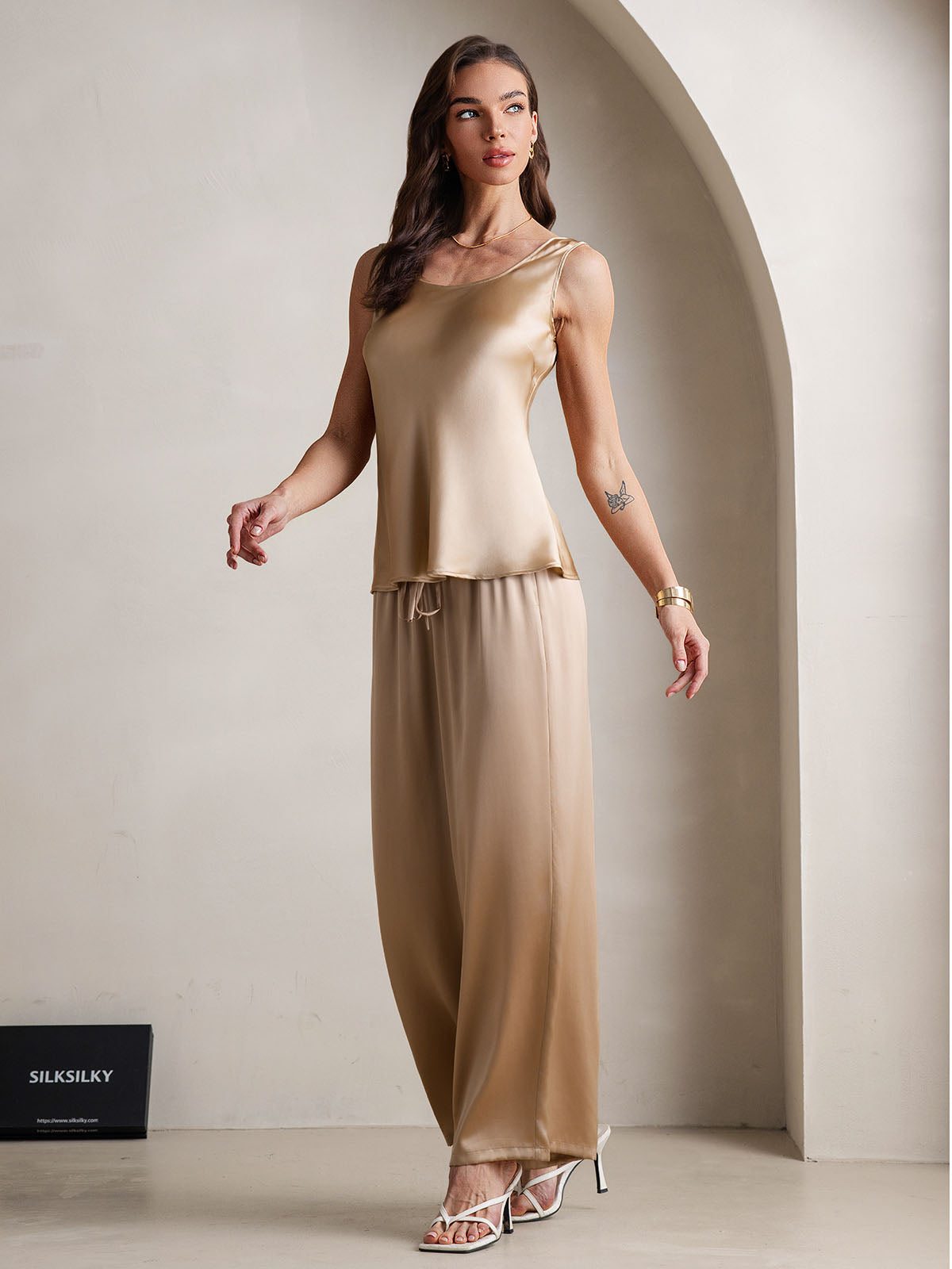 [Champagne] SilkSilky-UK Pure Silk Boat Neck Camisole Set 006