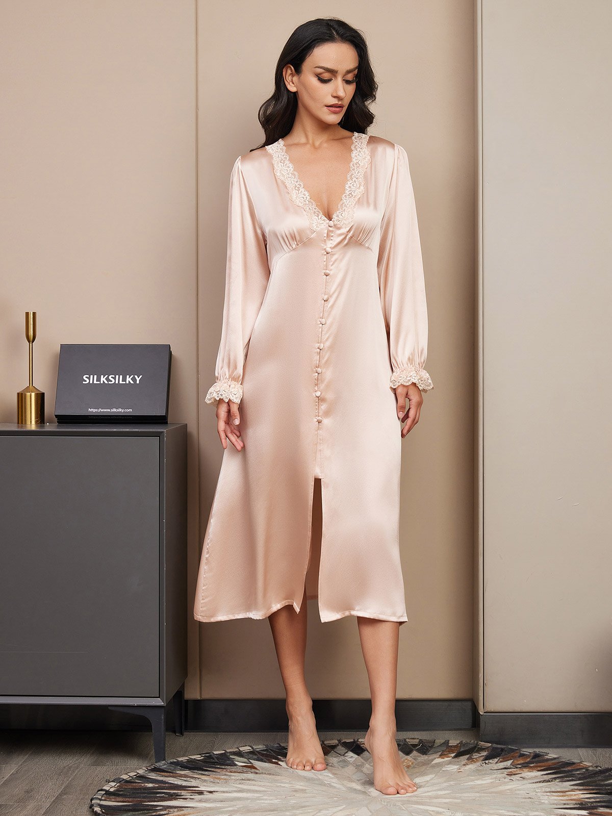 [Champagne] SilkSilky-UK Pure Silk Long Sleeve V Neck Nightdress 003
