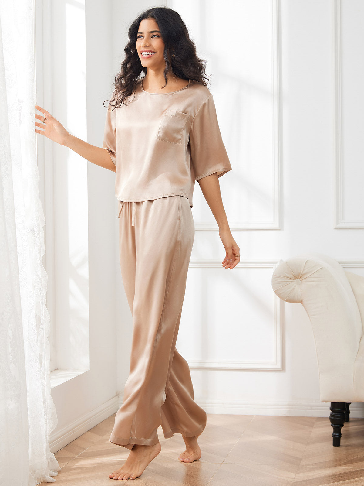 [Champagne] SilkSilky-UK Pure Silk Round Neck Women's Pyjamas 004