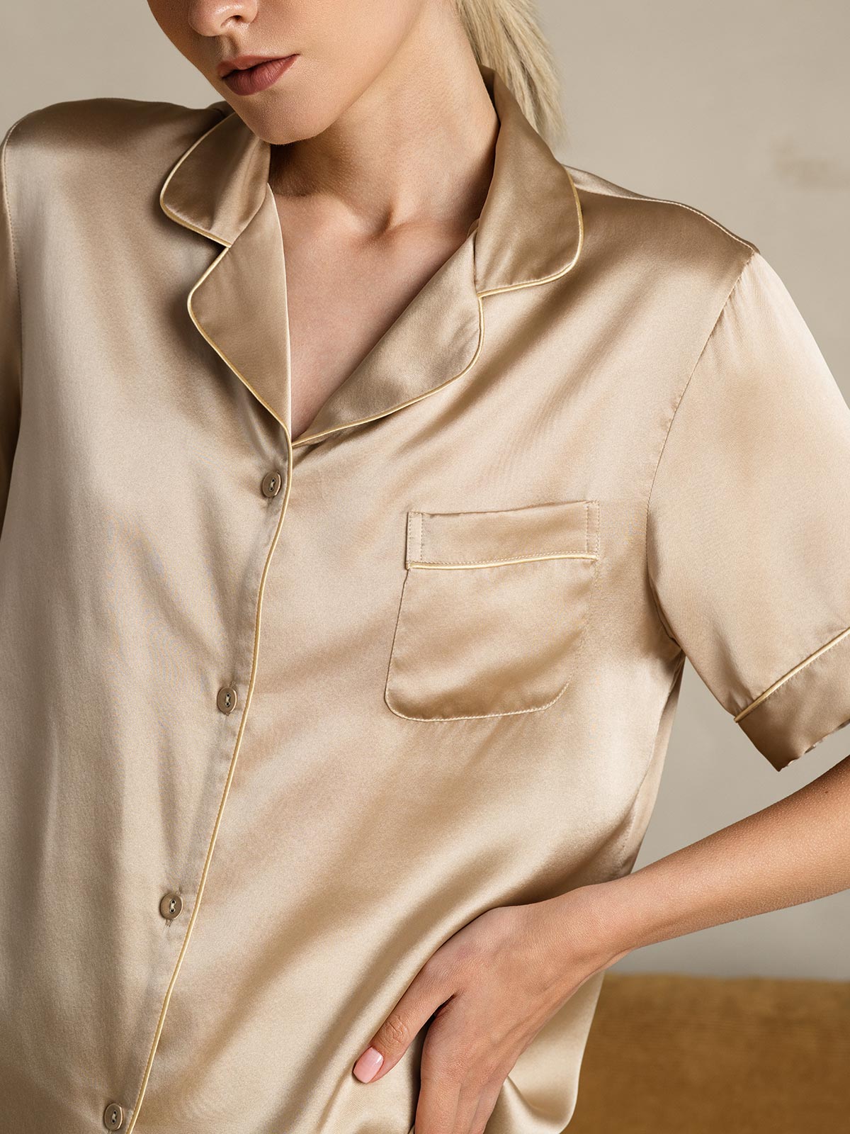 [Champagne] SilkSilky-UK Pure Silk Short Sleeve Lapel Women's Pyjamas 008