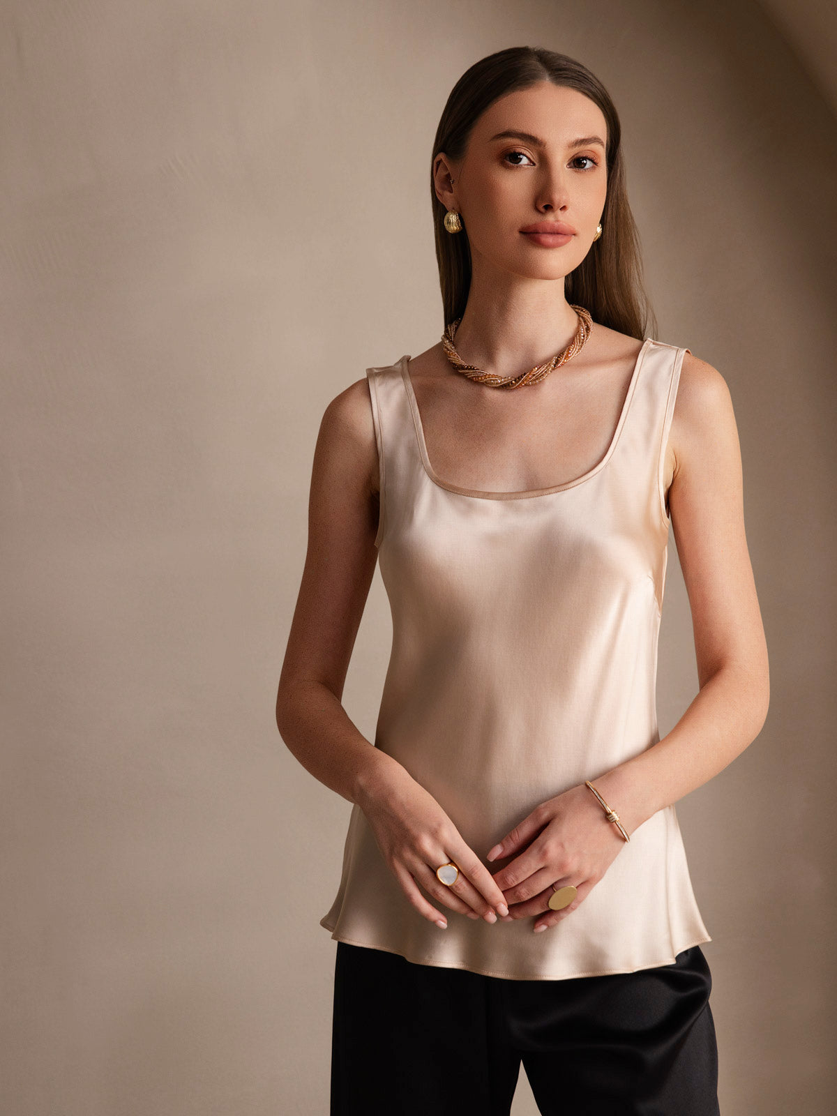 [Champagne] SilkSilky-UK Pure Silk Sleeveless U Neck Camisole 003