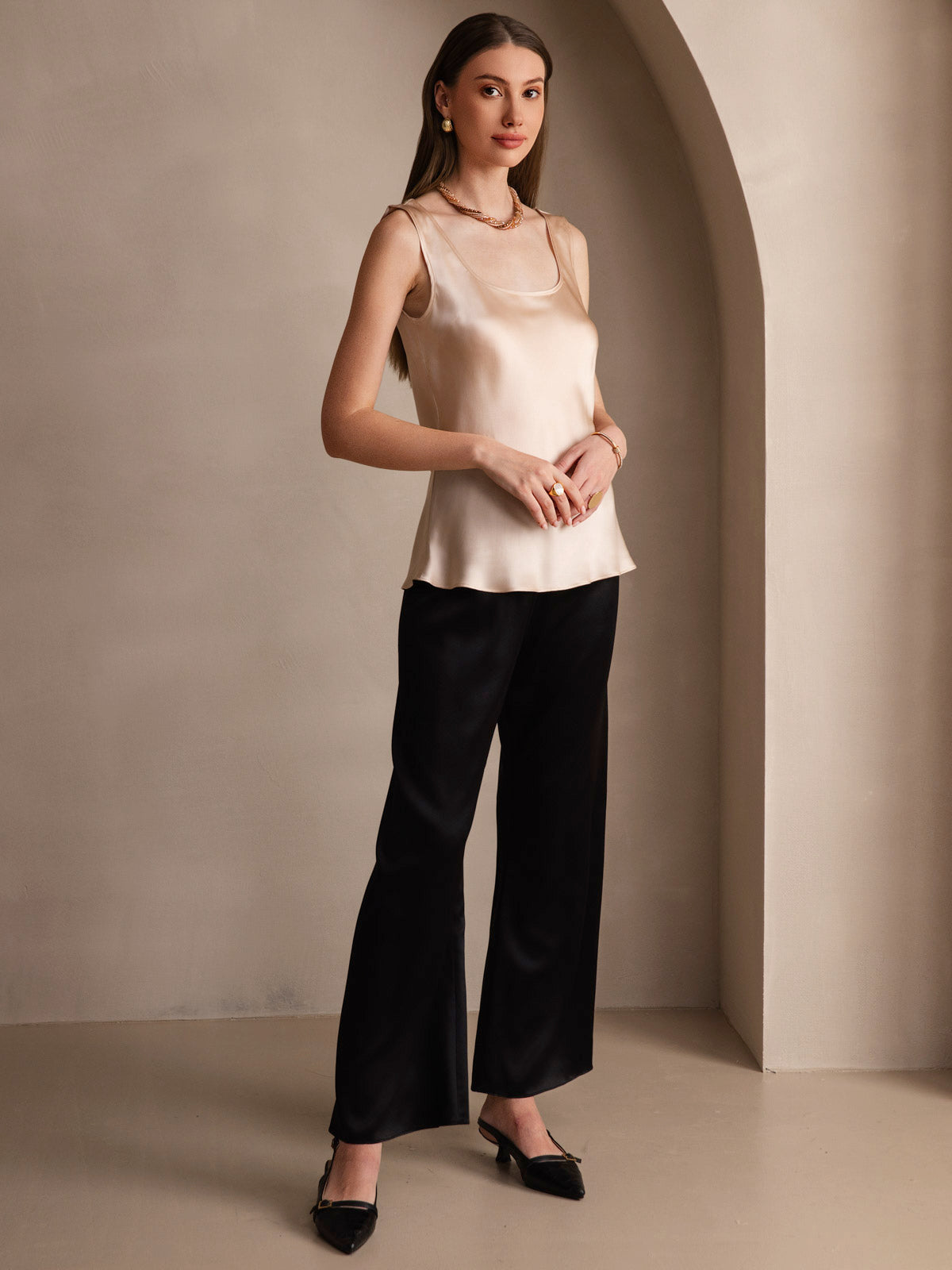 [Champagne] SilkSilky-UK Pure Silk Sleeveless U Neck Camisole 006