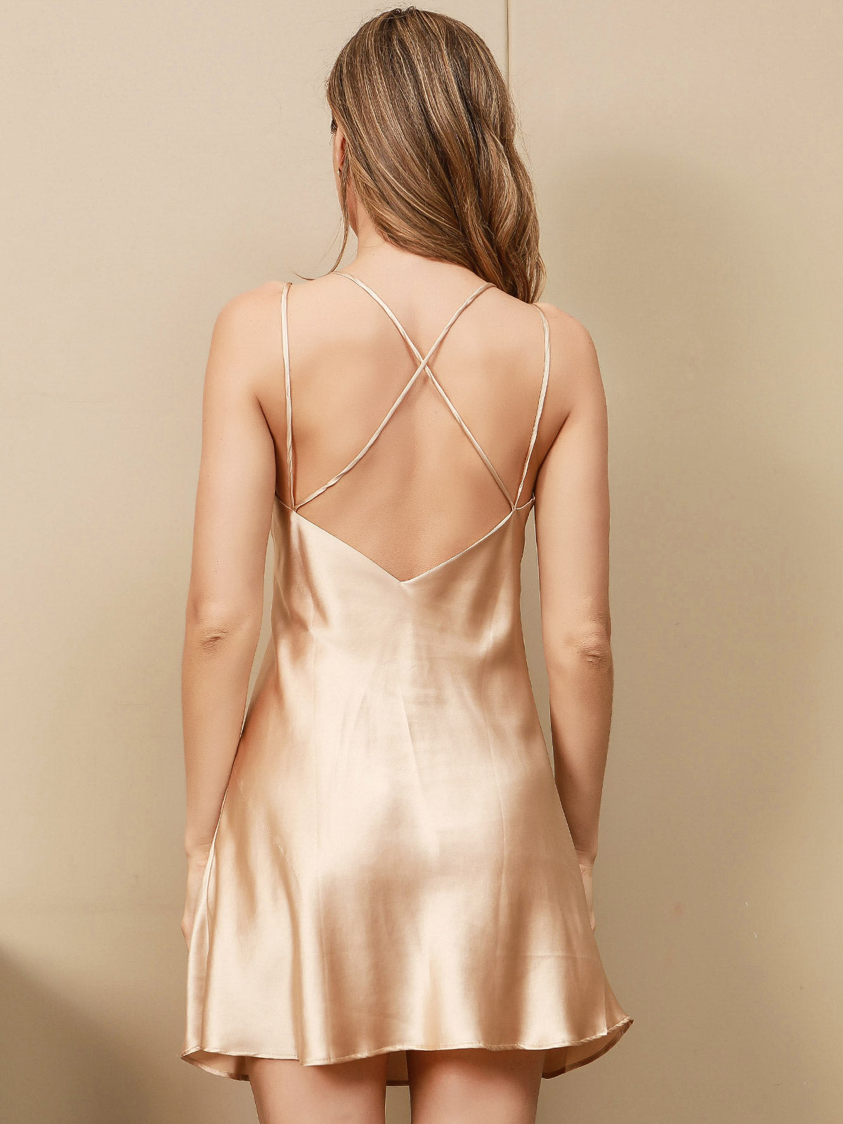 [Champagne] SilkSilky-UK Pure Silk Sleeveless V Neck Nightdress 001